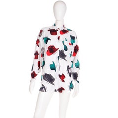 1980er Franco Moschino Vintage Mehrfarbiges weißes Hemd mit Hutdruck und Knopfleiste