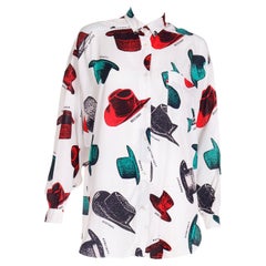 1980s Franco Moschino Vintage Multi Colored Hat Print White Button Down Shirt