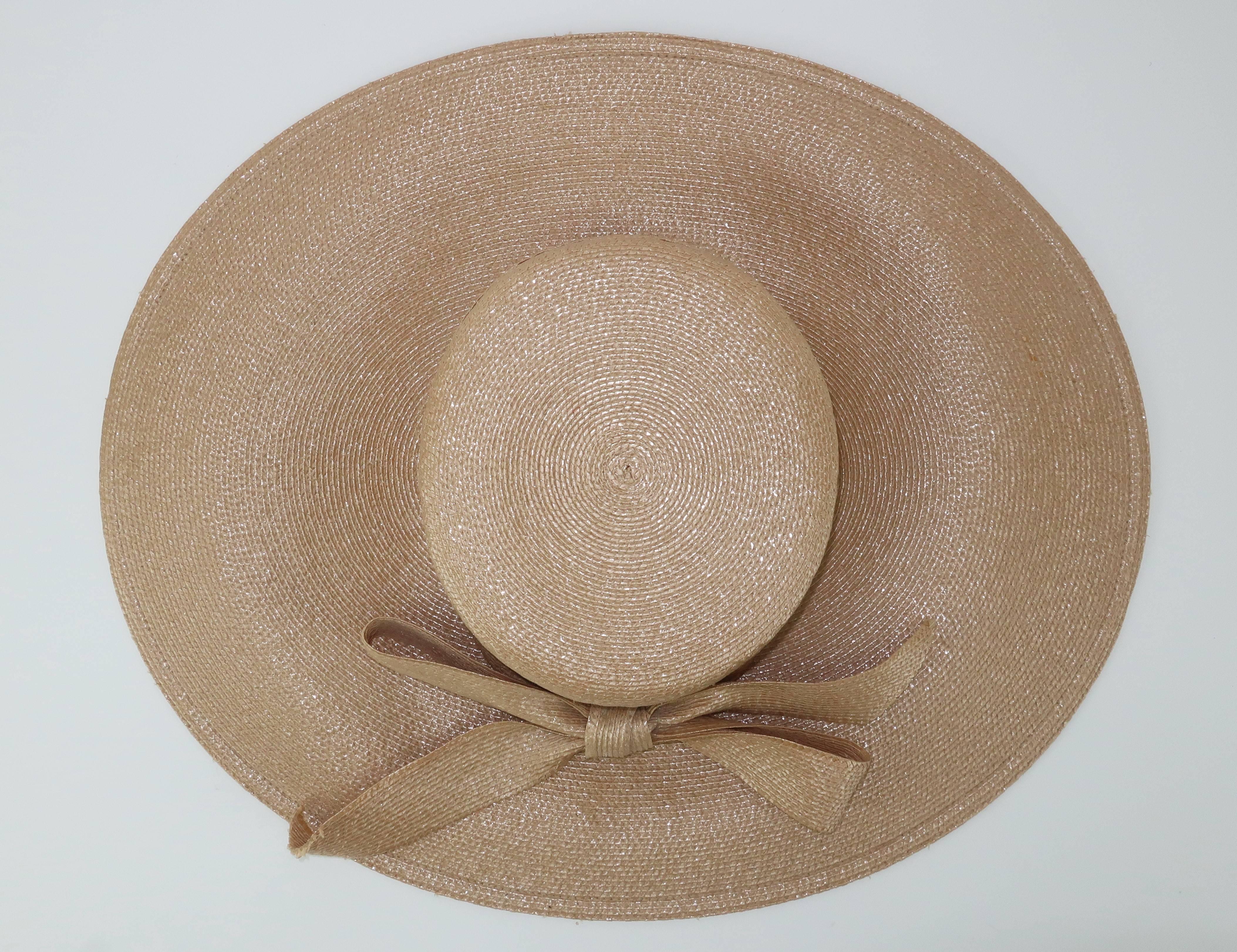 Frank Olive Beige Tone Oval Straw Hat With Bow, 1980s 6