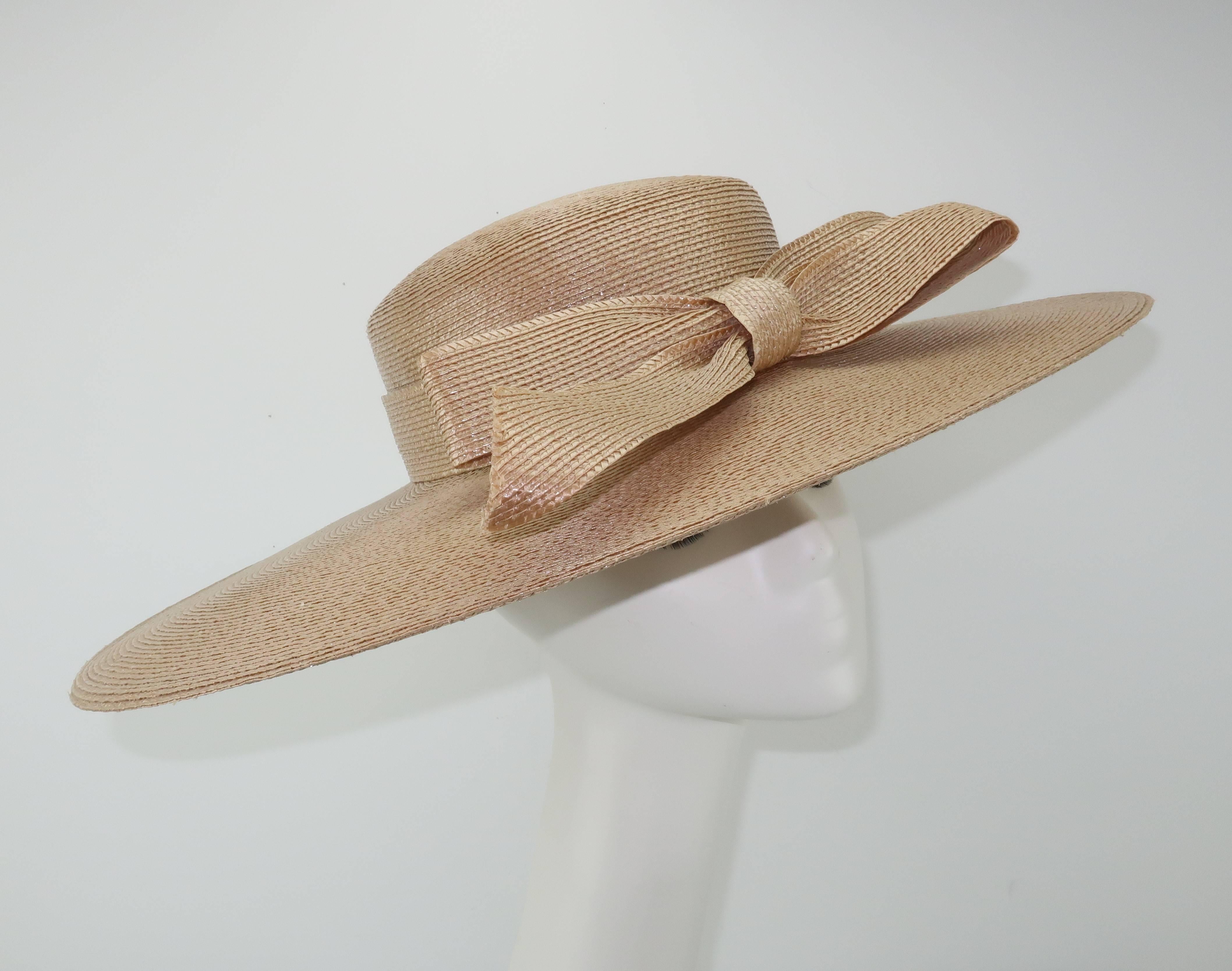 Women's or Men's Frank Olive Beige Tone Oval Straw Hat With Bow, 1980s