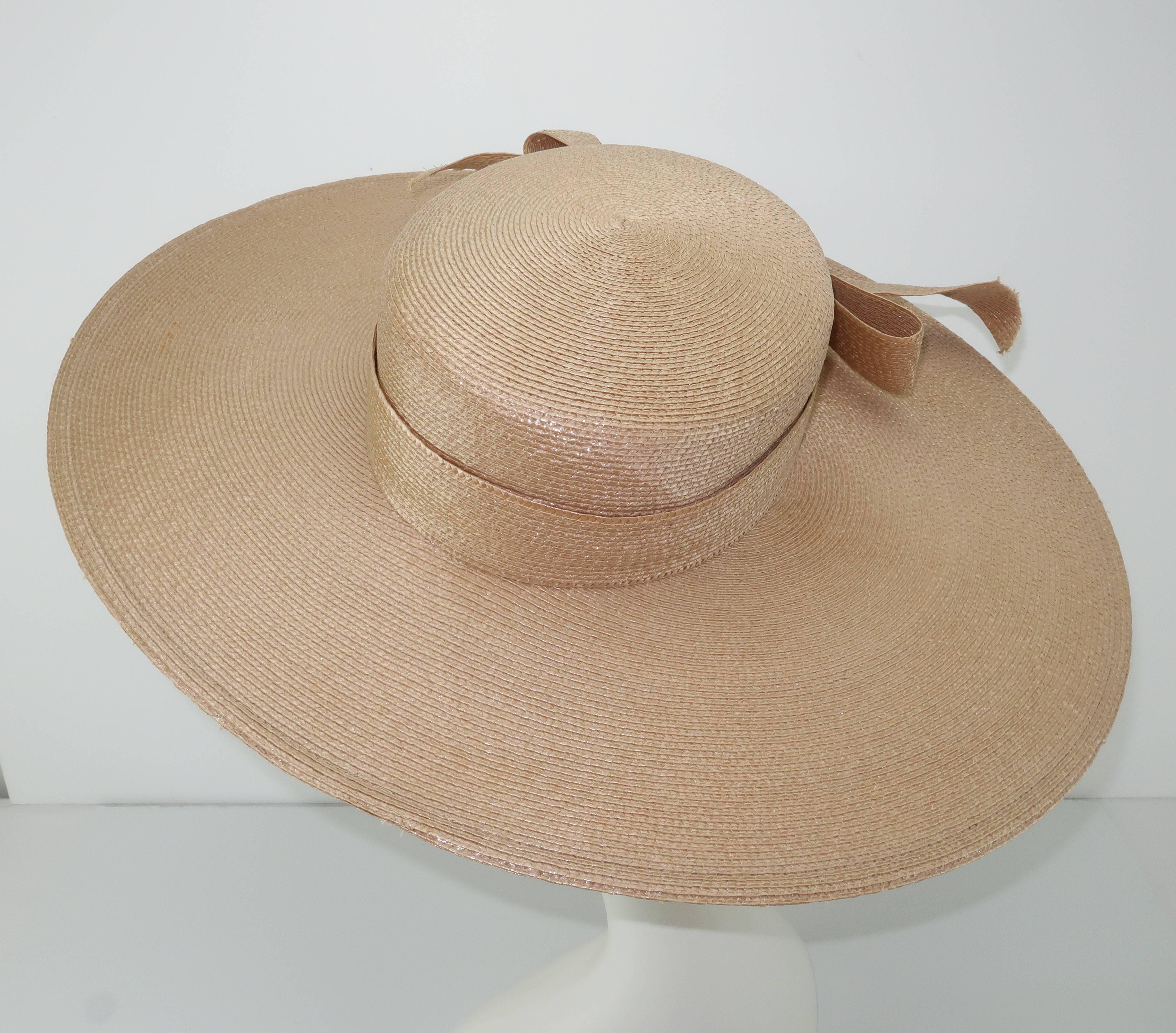 Frank Olive Beige Tone Oval Straw Hat With Bow, 1980s 1