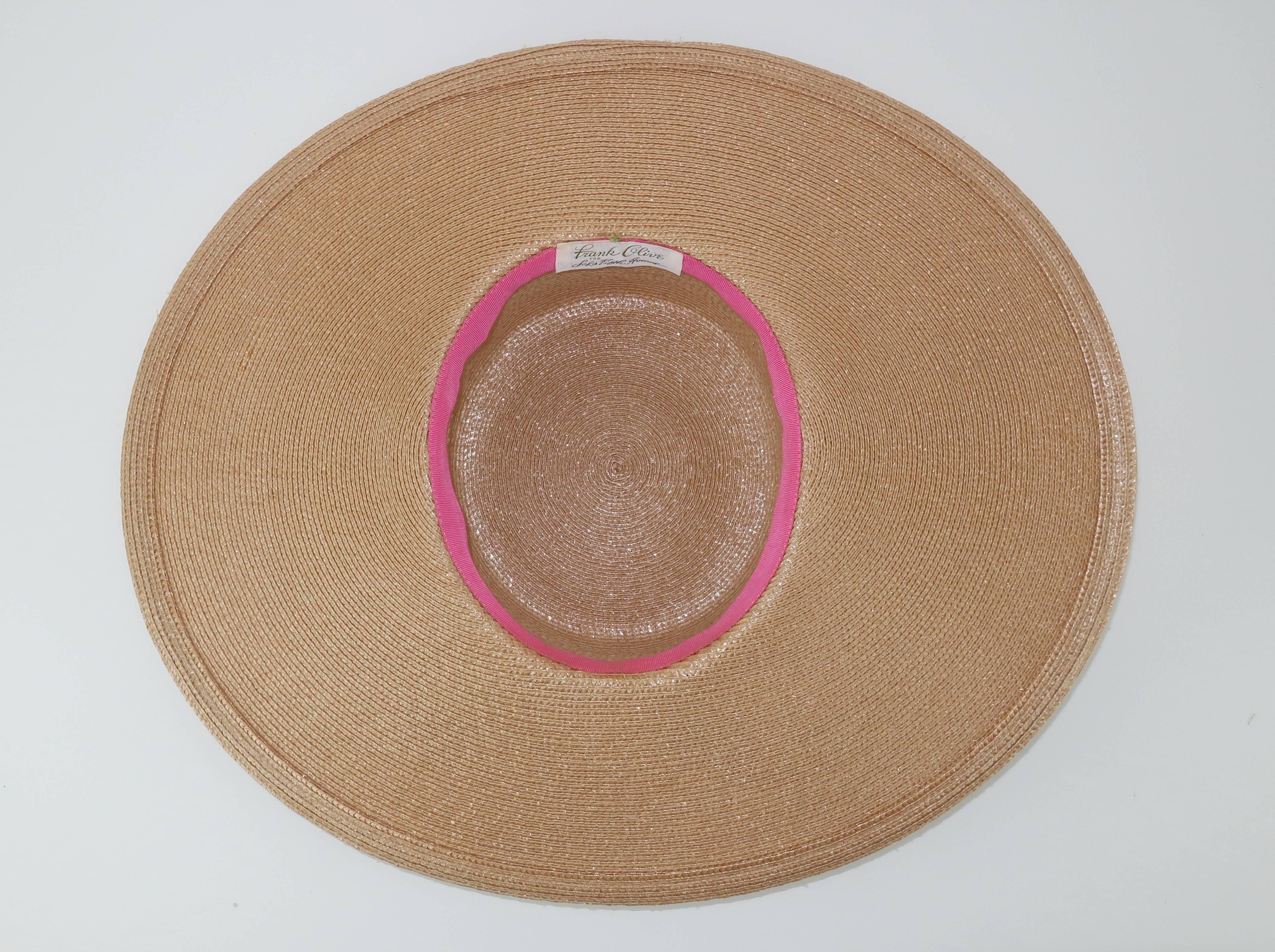 Frank Olive Beige Tone Oval Straw Hat With Bow, 1980s 2