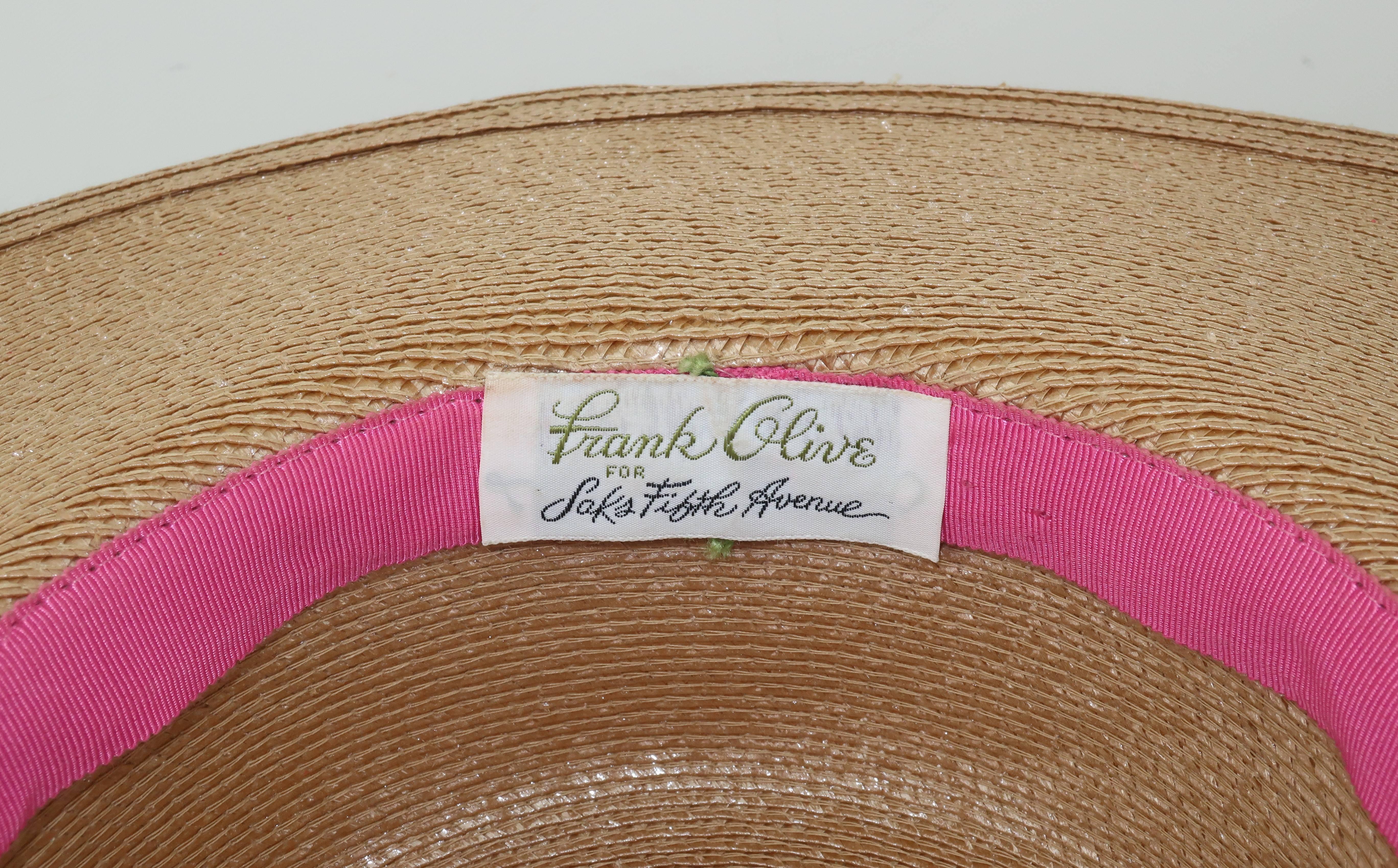 Frank Olive Beige Tone Oval Straw Hat With Bow, 1980s 3