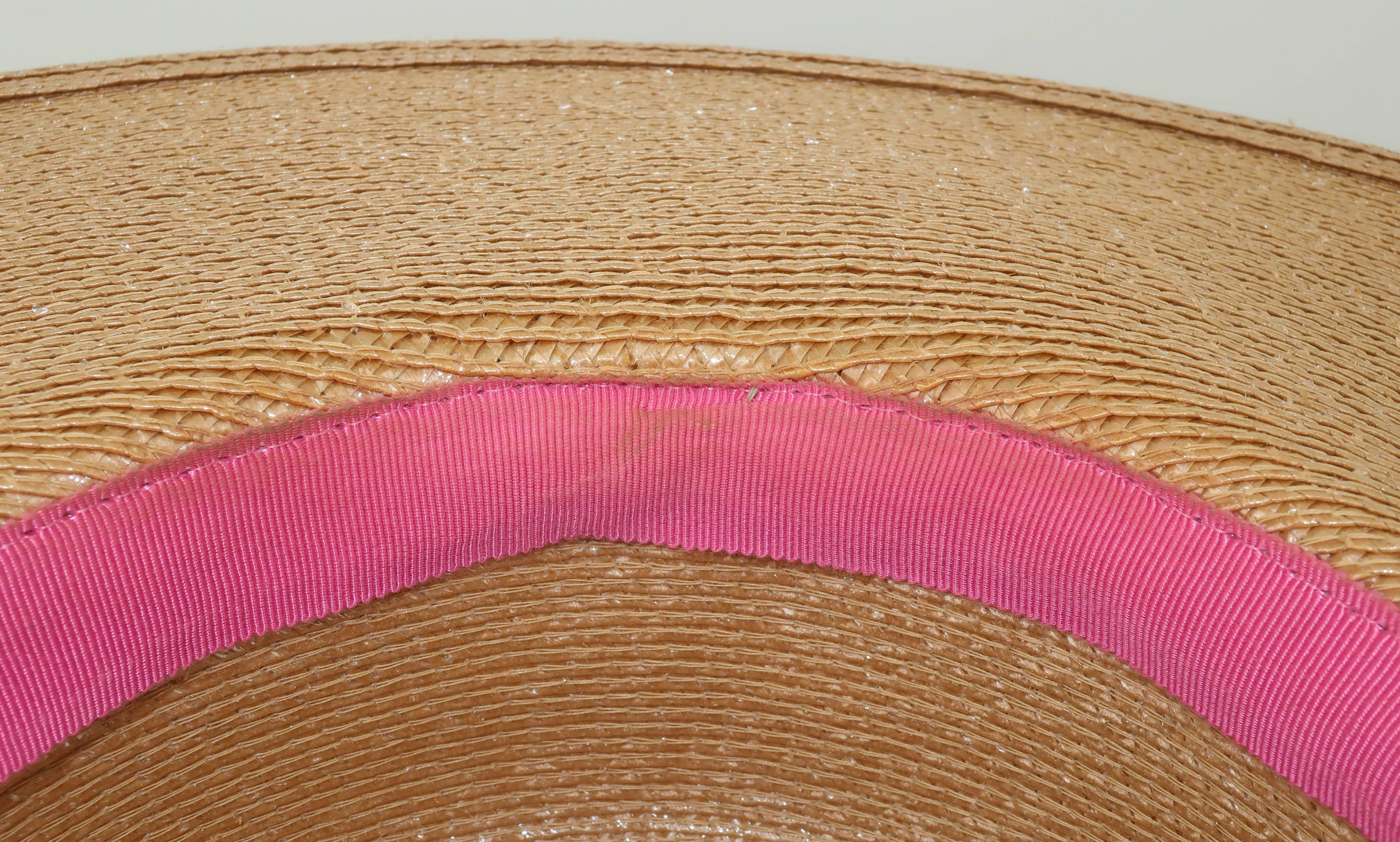 Frank Olive Beige Tone Oval Straw Hat With Bow, 1980s 4