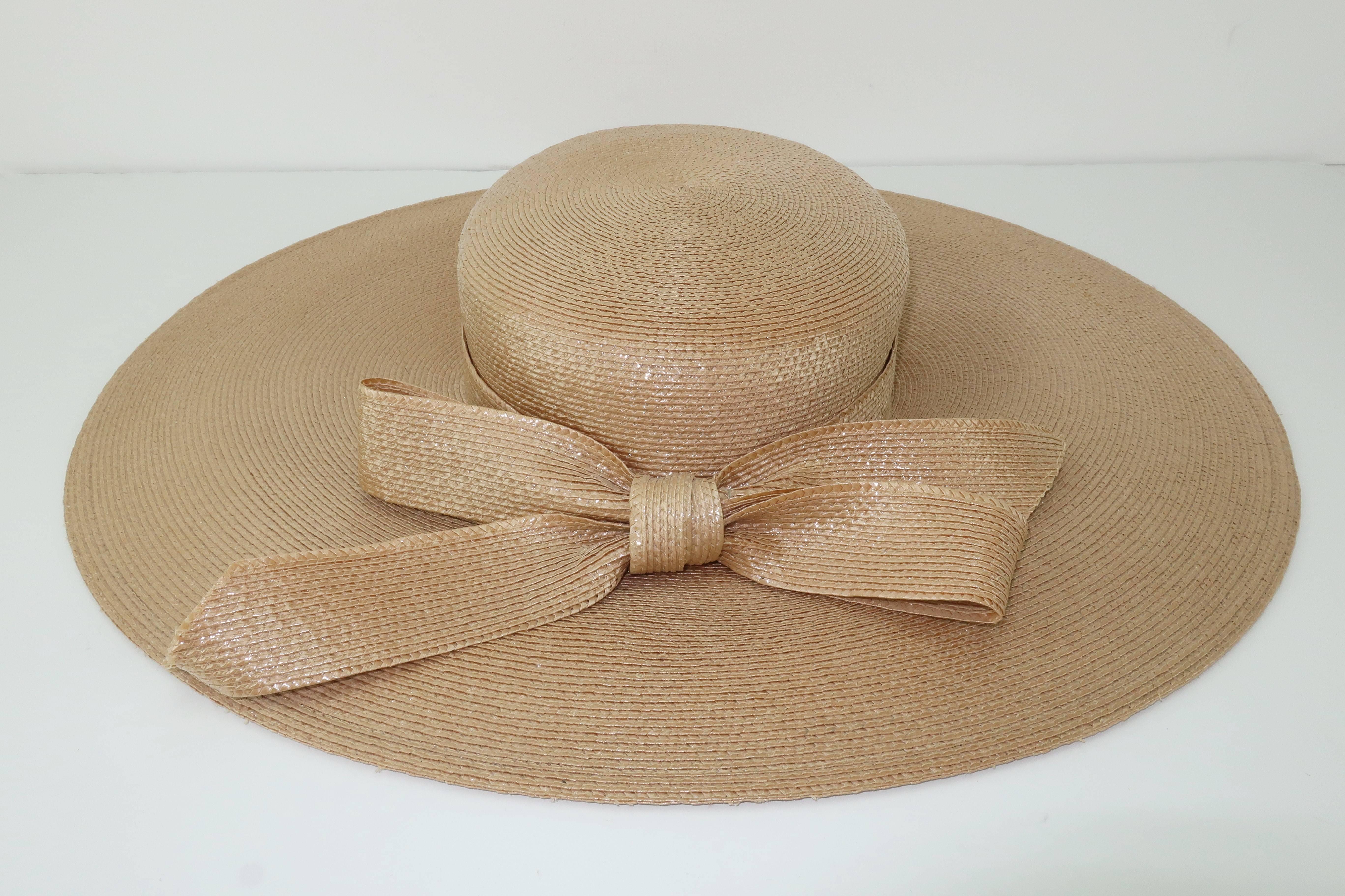 Frank Olive Beige Tone Oval Straw Hat With Bow, 1980s 5