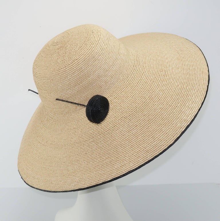 Frank Olive Wide Brim Straw Hat With Black "Hat Pin", 1980s at 1stDibs