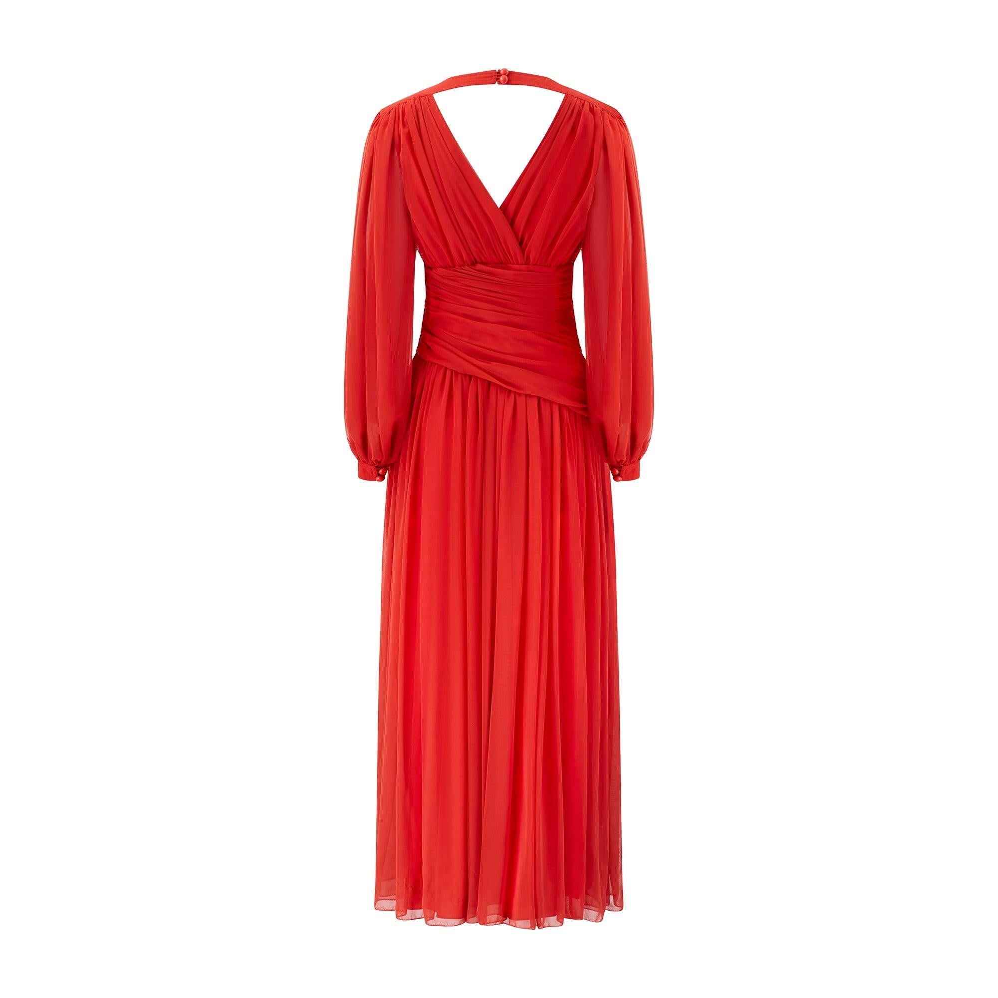 1980s Frank Usher Red Maxi Dress with Ruched Bodice In Excellent Condition For Sale In London, GB