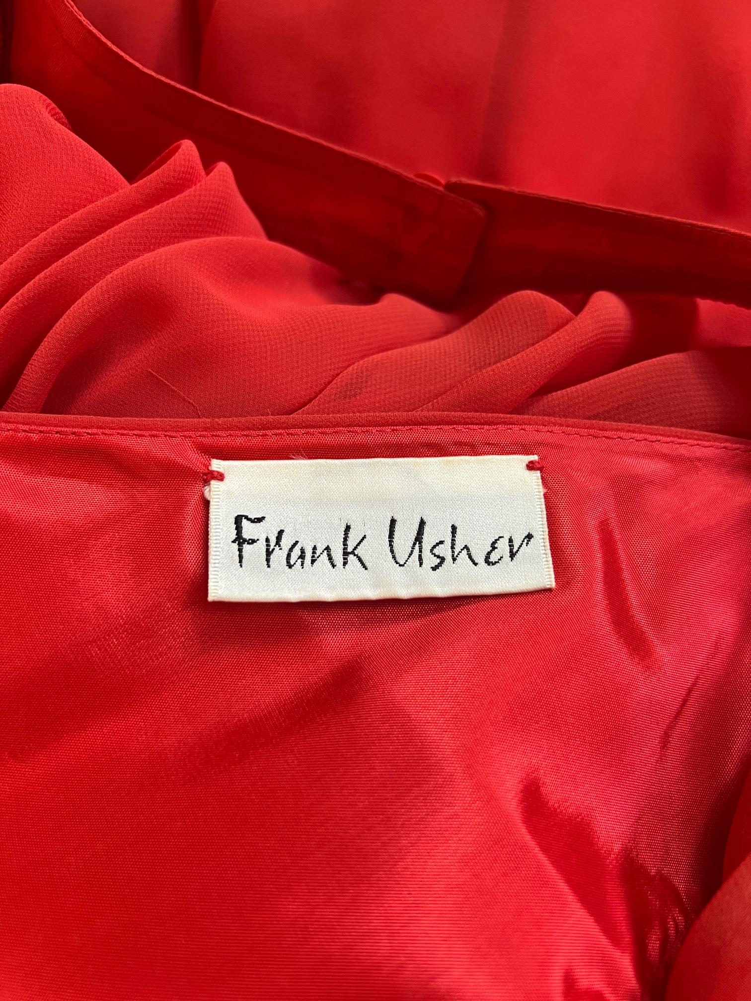 1980s Frank Usher Red Maxi Dress with Ruched Bodice For Sale 1
