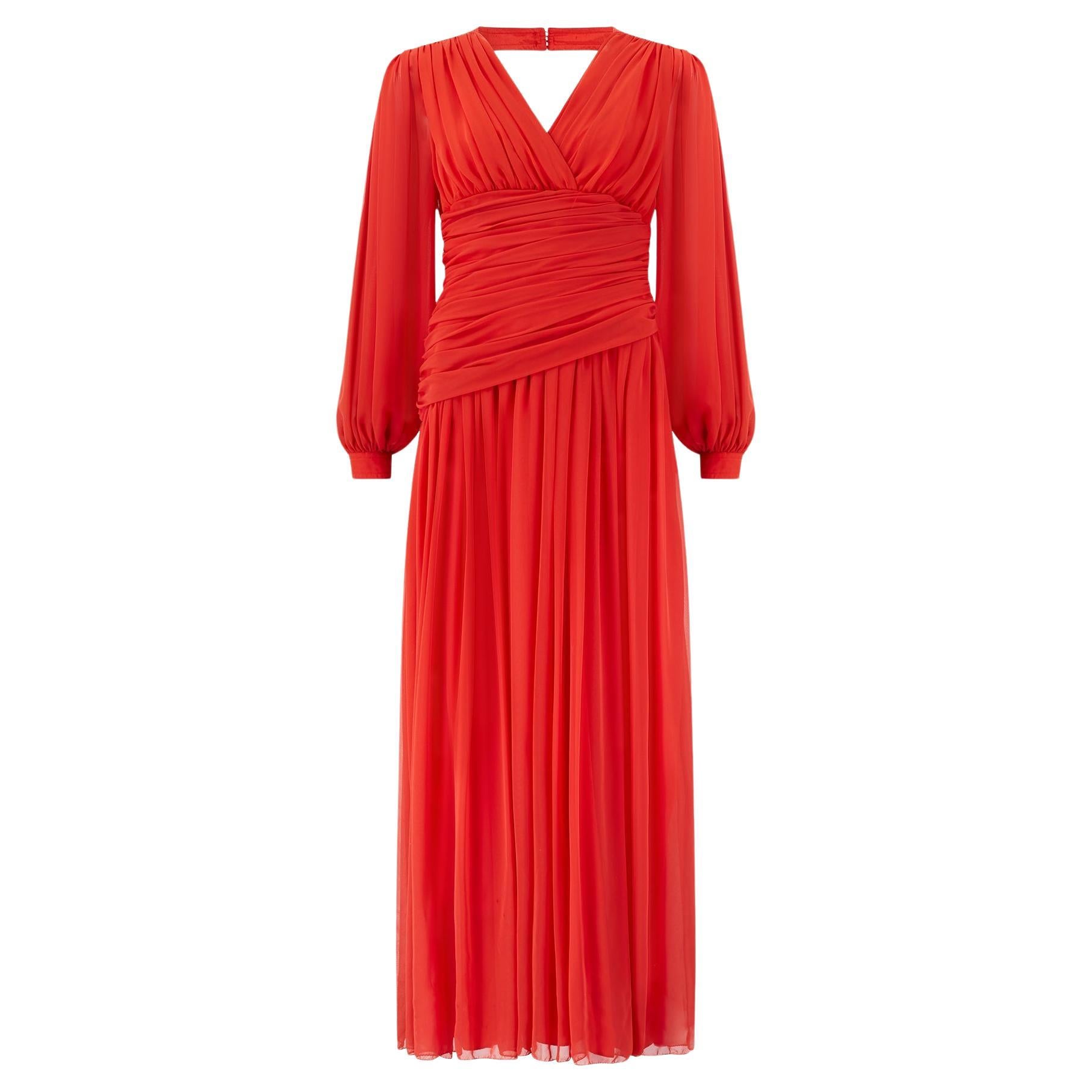1980s Frank Usher Red Maxi Dress with Ruched Bodice For Sale