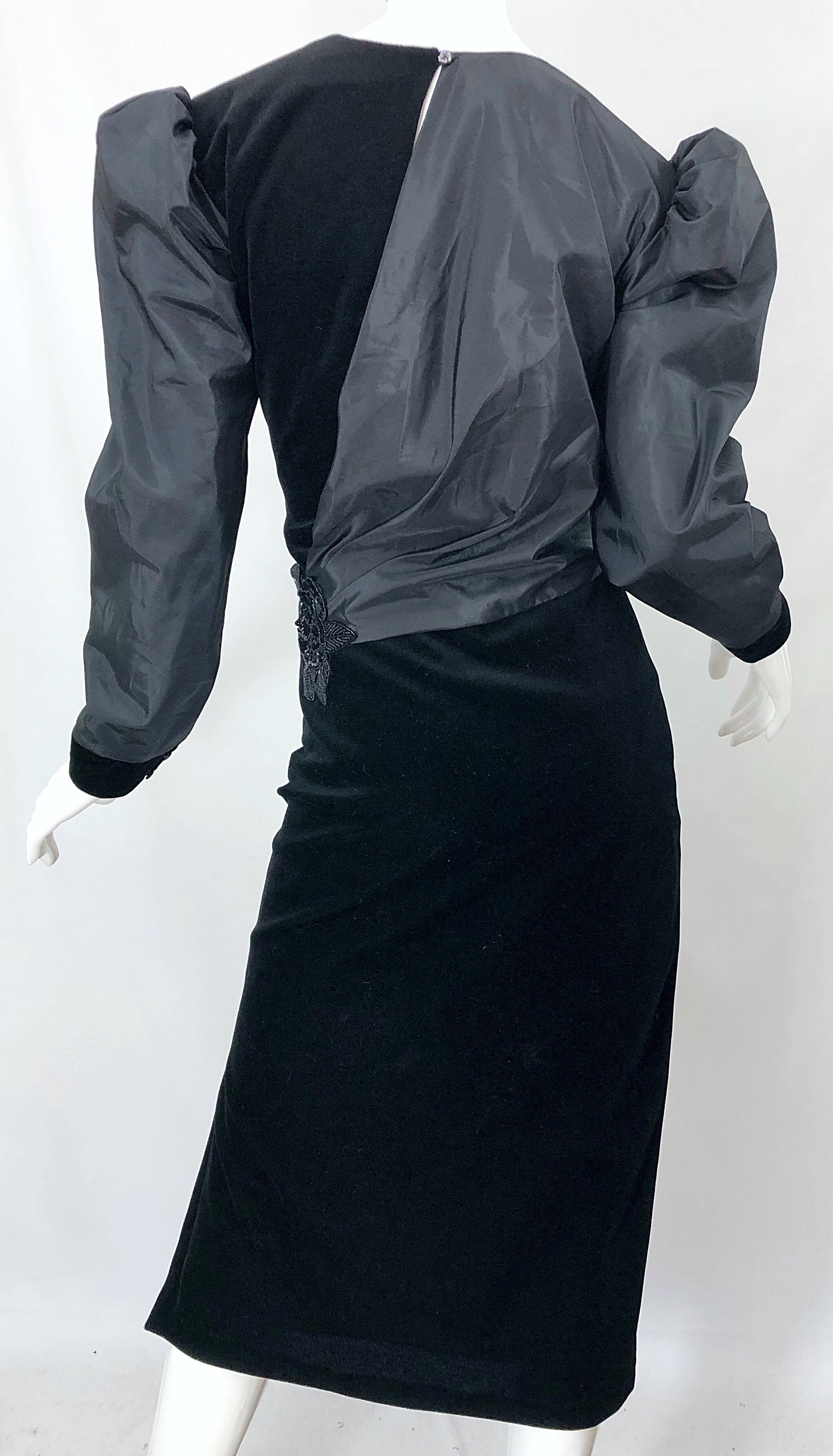 1980s Frank Usher Sz 12/14 Black Avant Garde Taffeta + Velvet Vintage 80s Dress For Sale 4