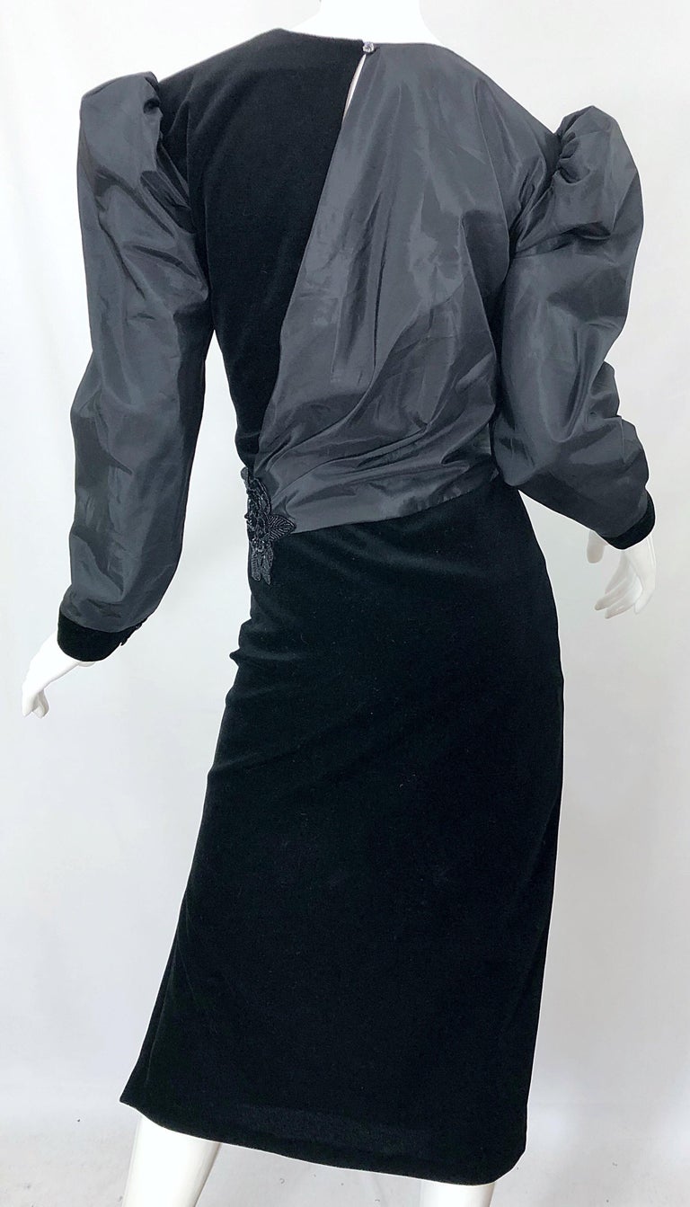 1980s Frank Usher Size 14 Black Avant Garde Taffeta + Velvet Vintage 80s Dress For Sale 7