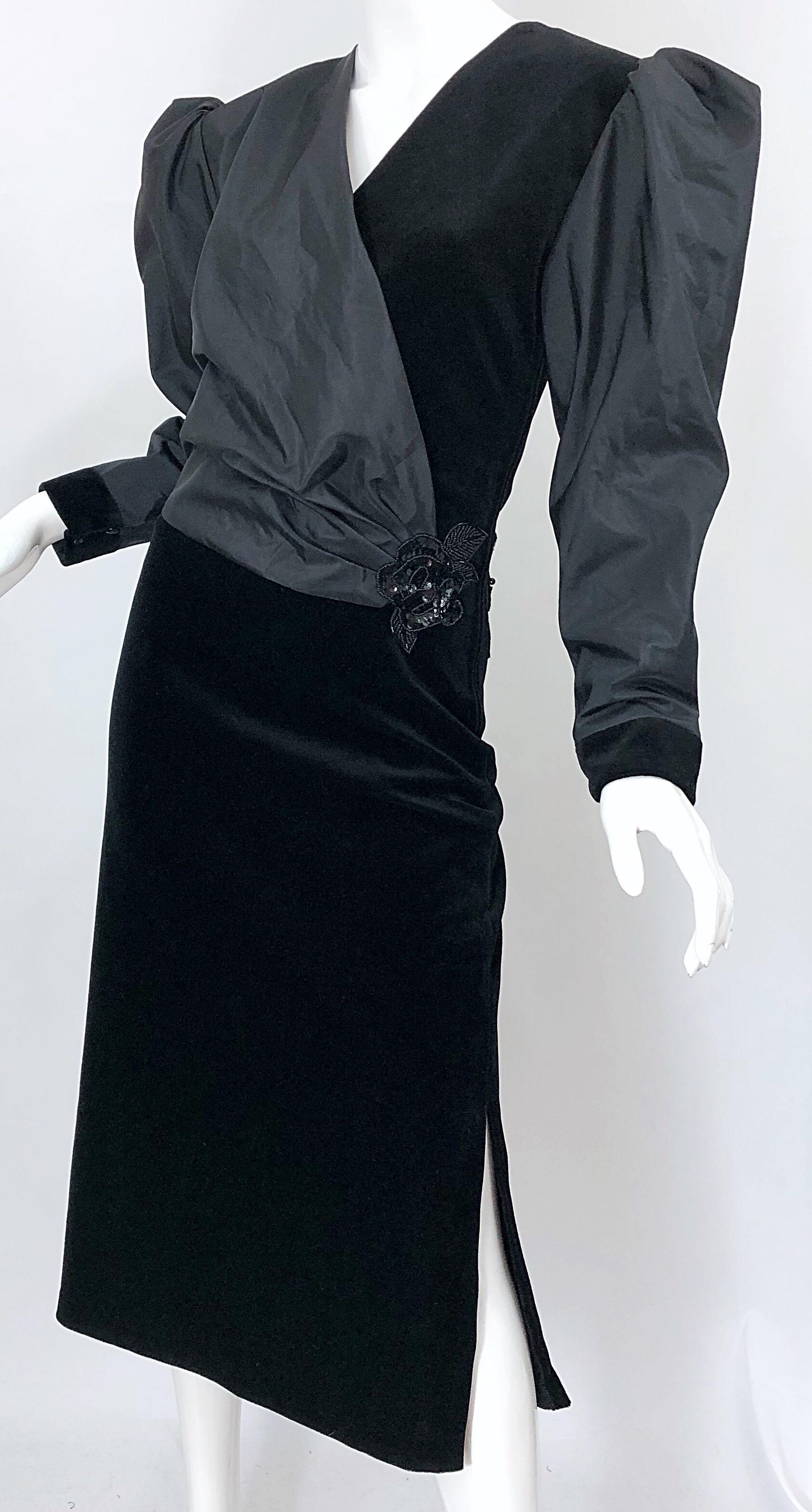 1980s Frank Usher Sz 12/14 Black Avant Garde Taffeta + Velvet Vintage 80s Dress For Sale 5