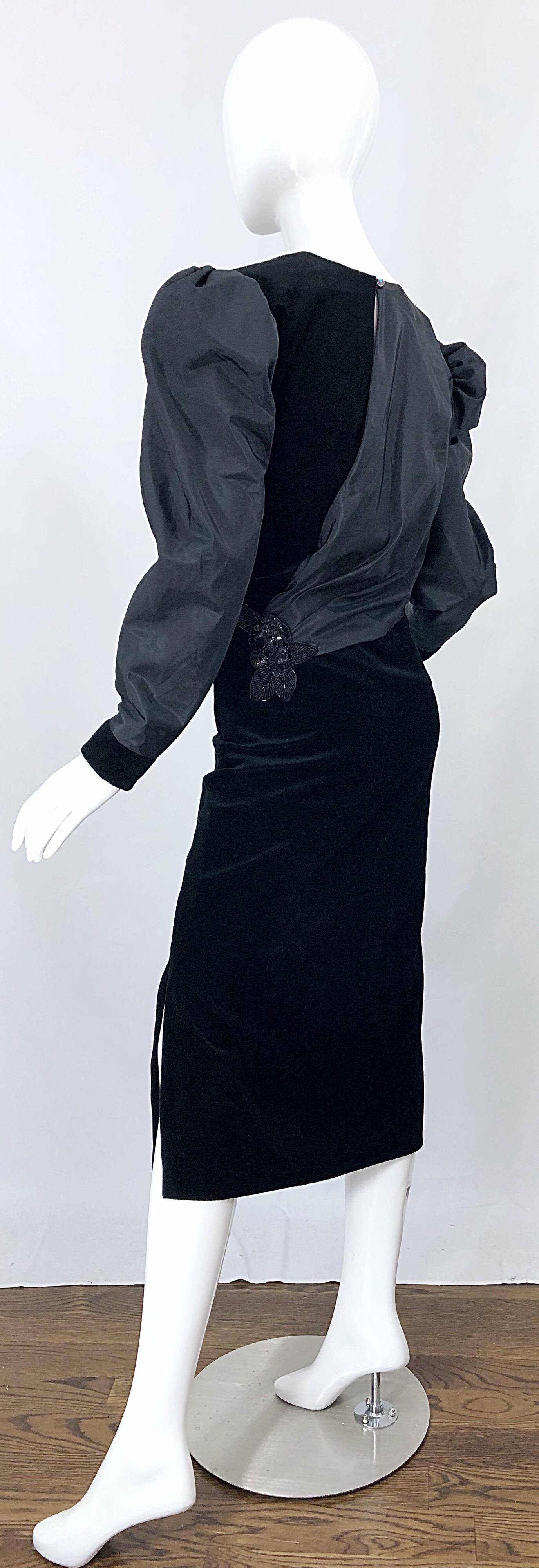 1980s Frank Usher Sz 12/14 Black Avant Garde Taffeta + Velvet Vintage 80s Dress For Sale 6