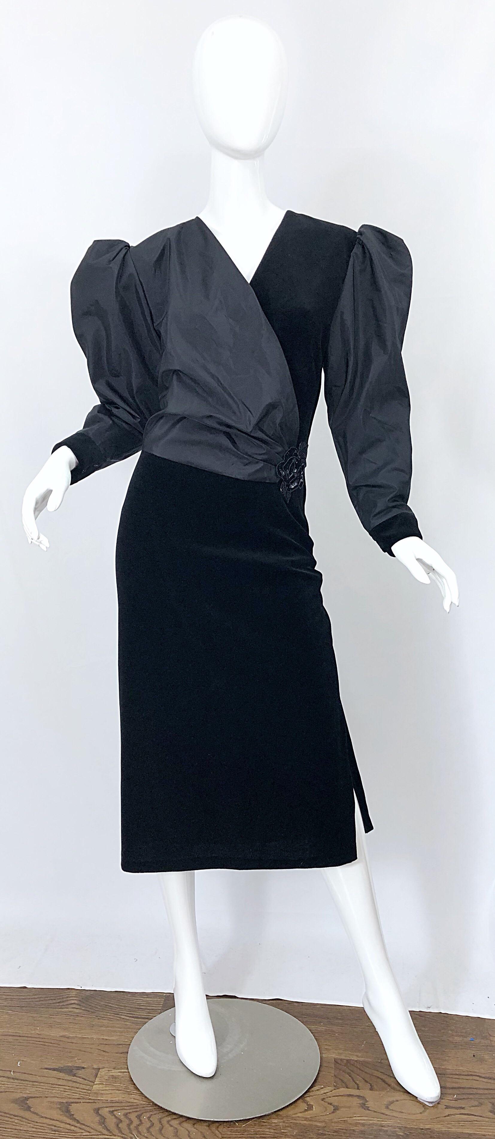 1980s Frank Usher Sz 12/14 Black Avant Garde Taffeta + Velvet Vintage 80s Dress For Sale 7