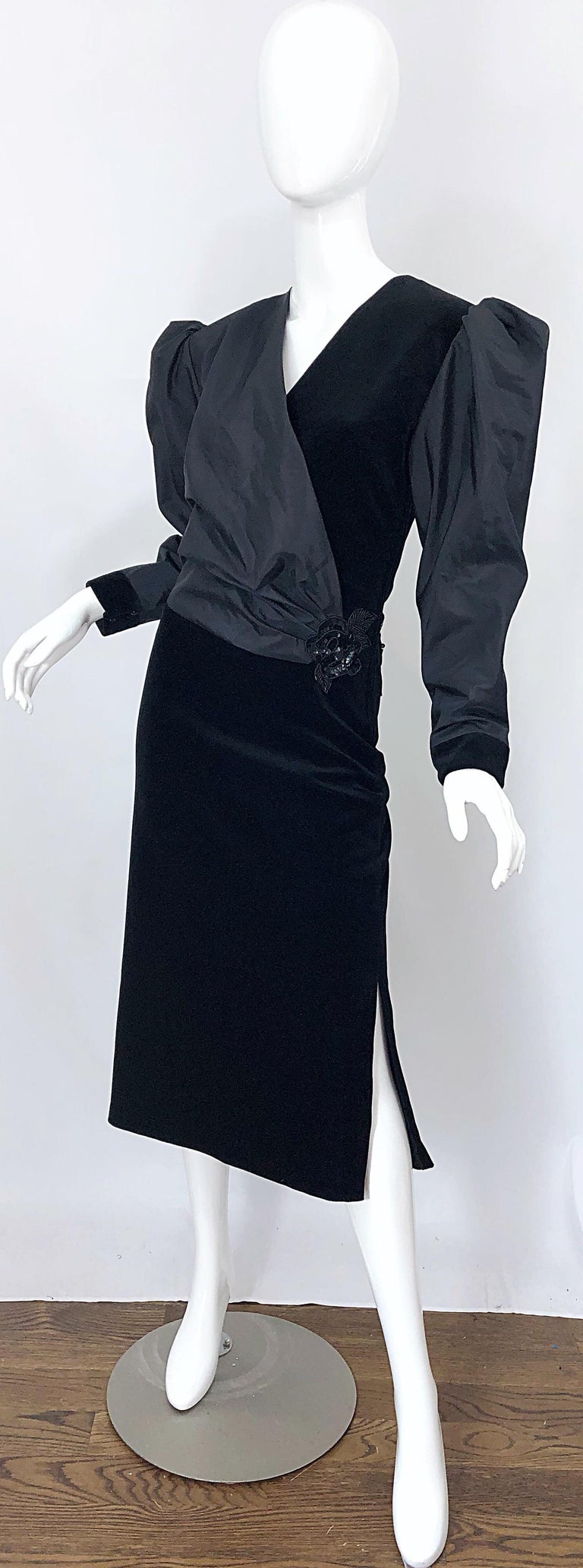1980s Frank Usher Size 14 Black Avant Garde Taffeta + Velvet Vintage 80s Dress For Sale 3