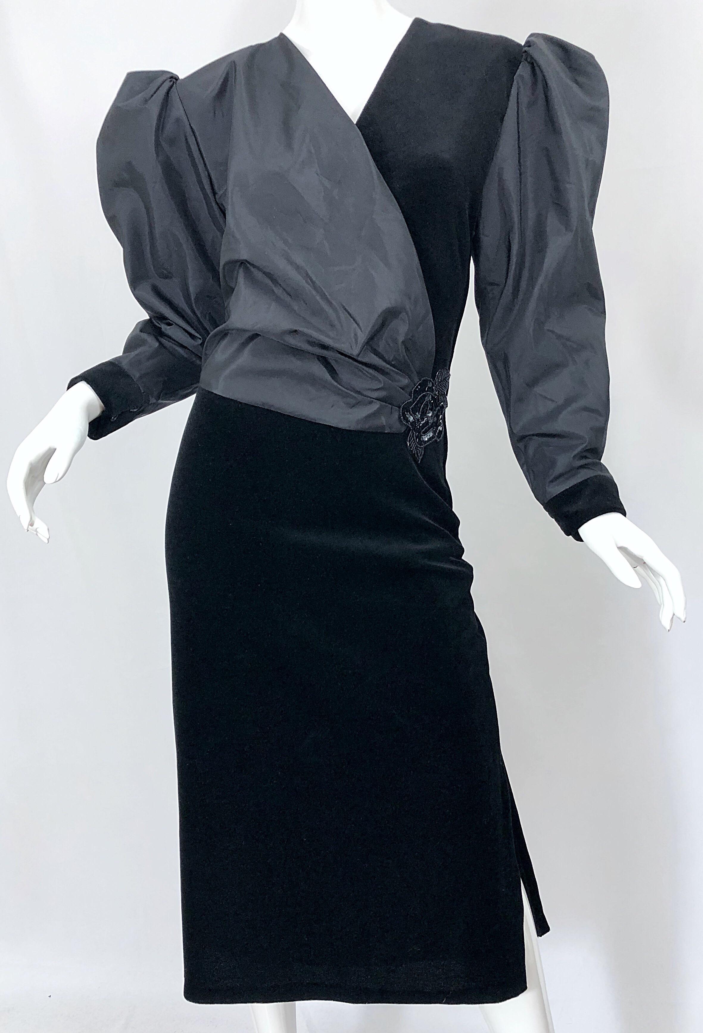 1980s Frank Usher Sz 12/14 Black Avant Garde Taffeta + Velvet Vintage 80s Dress For Sale 1