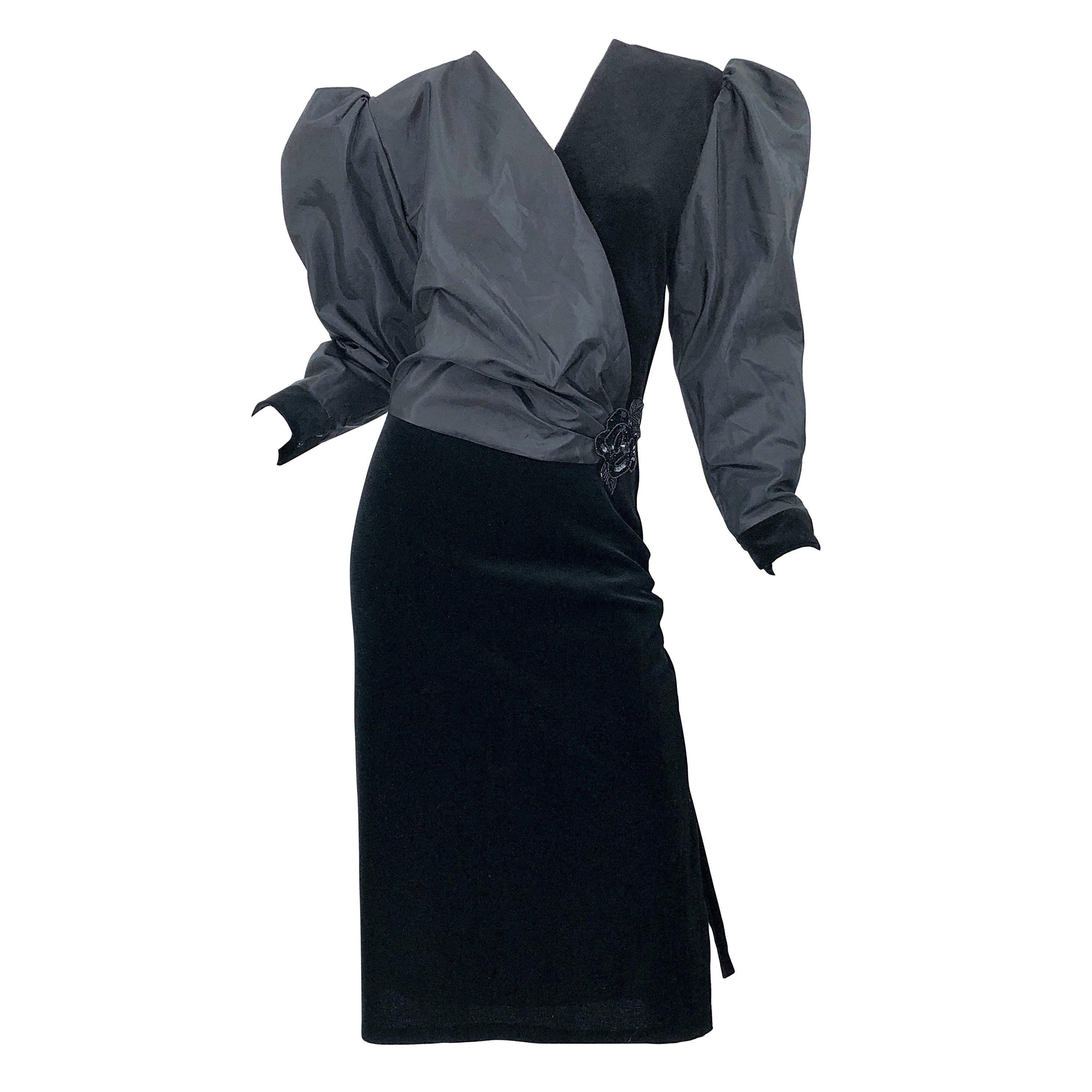 1980s Frank Usher Size 14 Black Avant Garde Taffeta + Velvet Vintage 80s Dress
