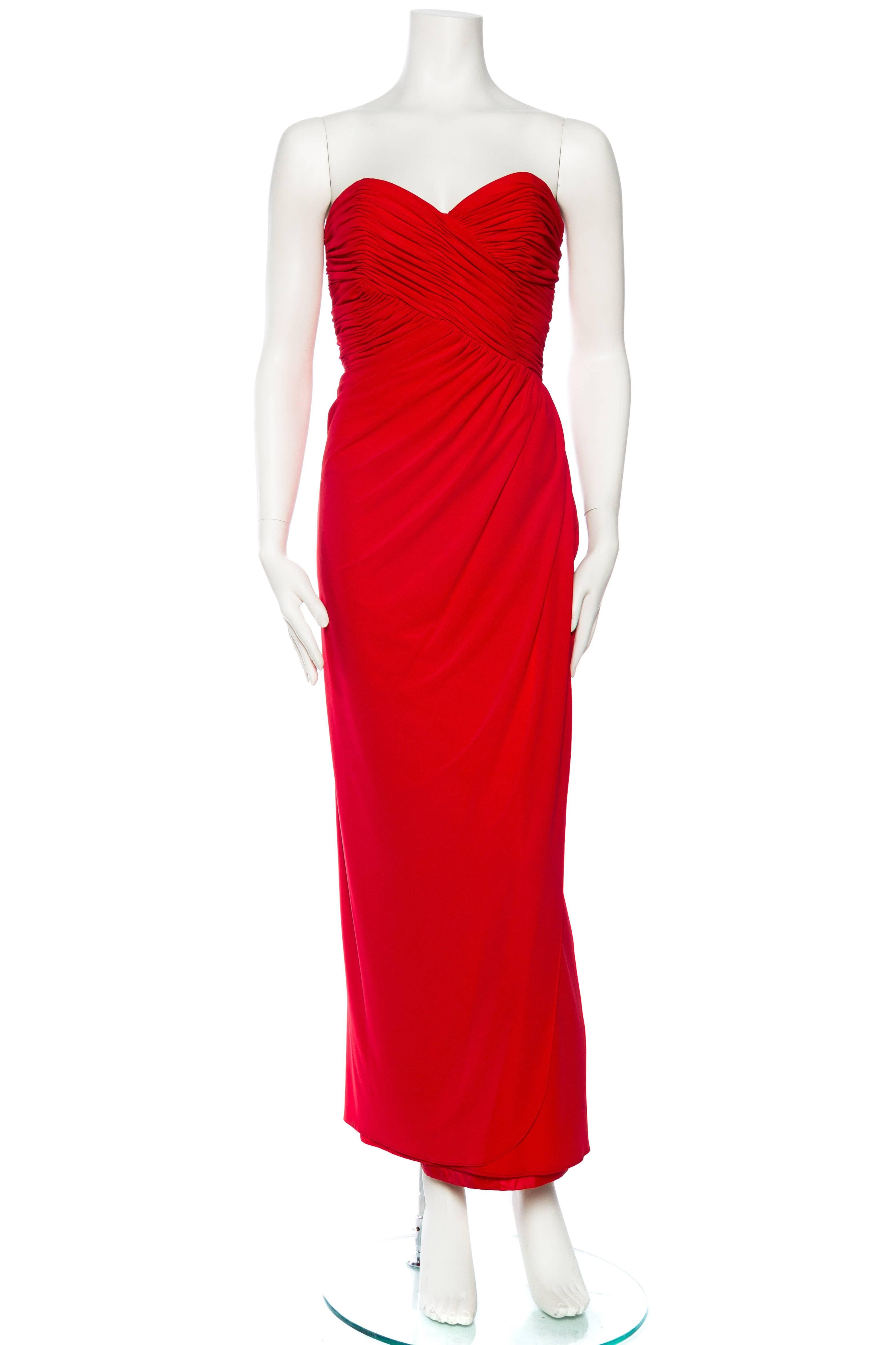 1980S FRED HAYMAN BEVERLY HILLS Lipstick Red Polyester Jersey Strapless & Draped Bodice Gown