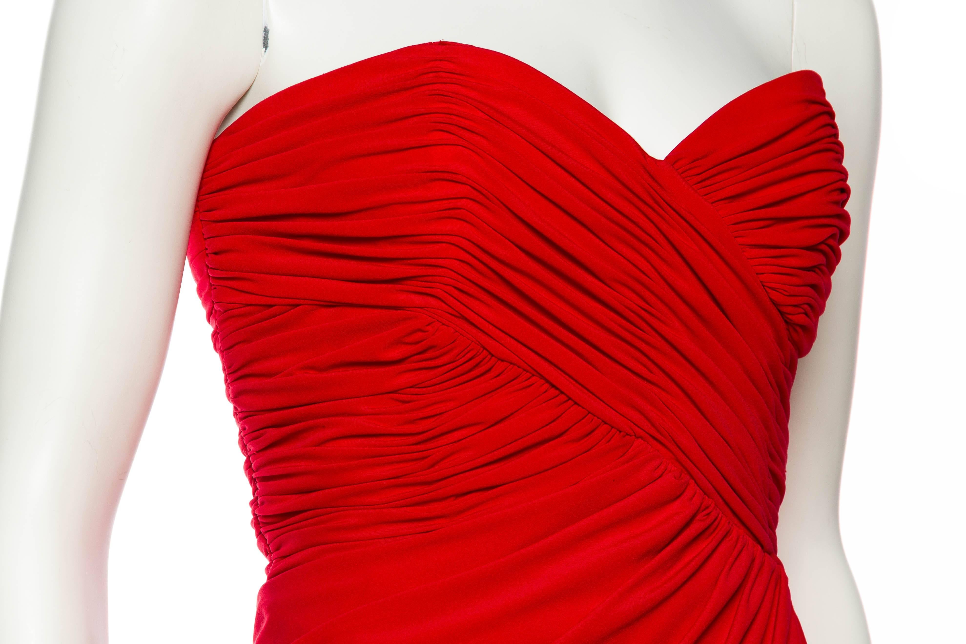 Women's 1980S FRED HAYMAN BEVERLY HILLS Lipstick Red Polyester Jersey Strapless & Drape