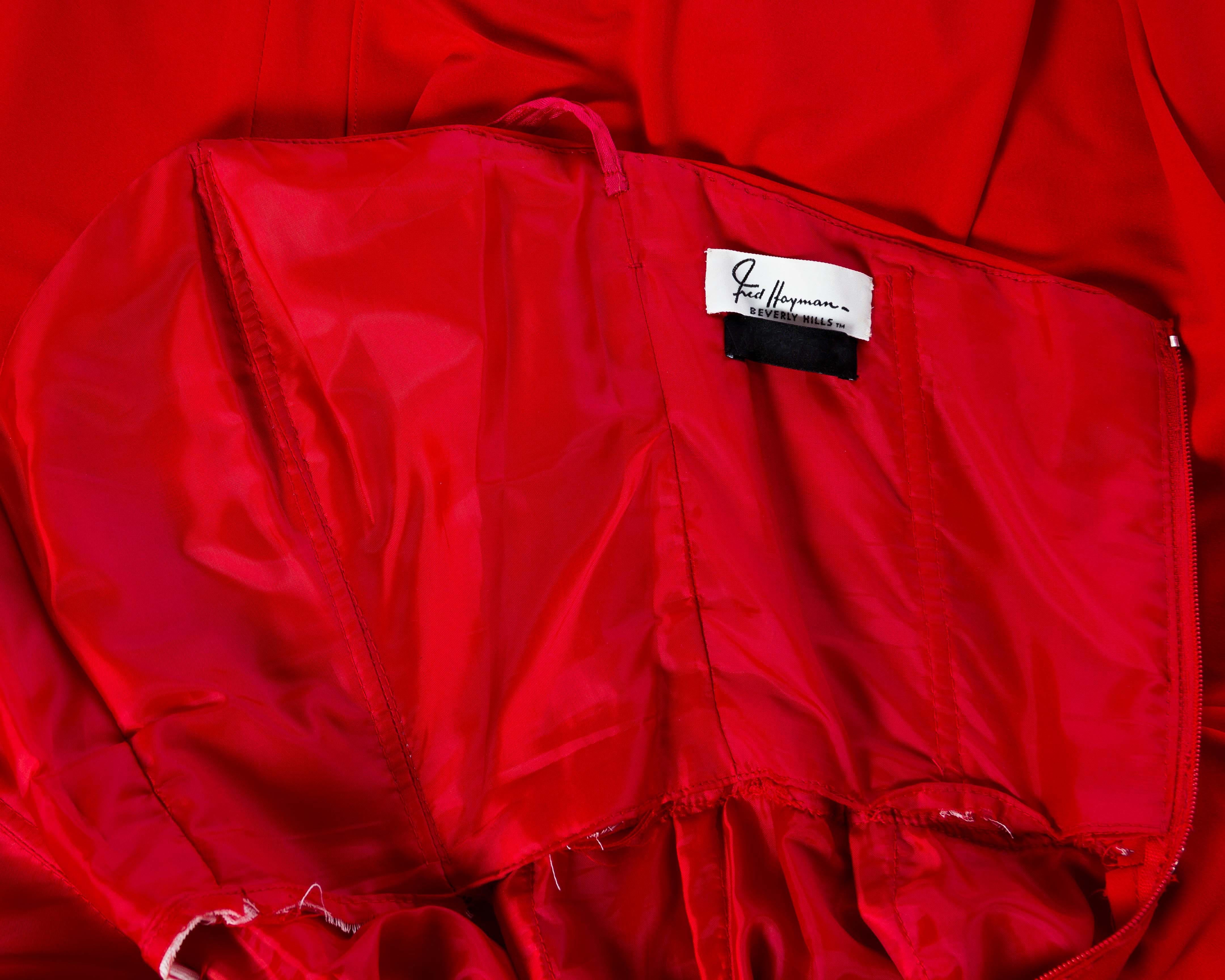 1980S FRED HAYMAN BEVERLY HILLS Lipstick Red Polyester Jersey Strapless & Drape 3