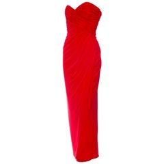 1980S FRED HAYMAN BEVERLY HILLS Lipstick Red Polyester Jersey Strapless & Drape