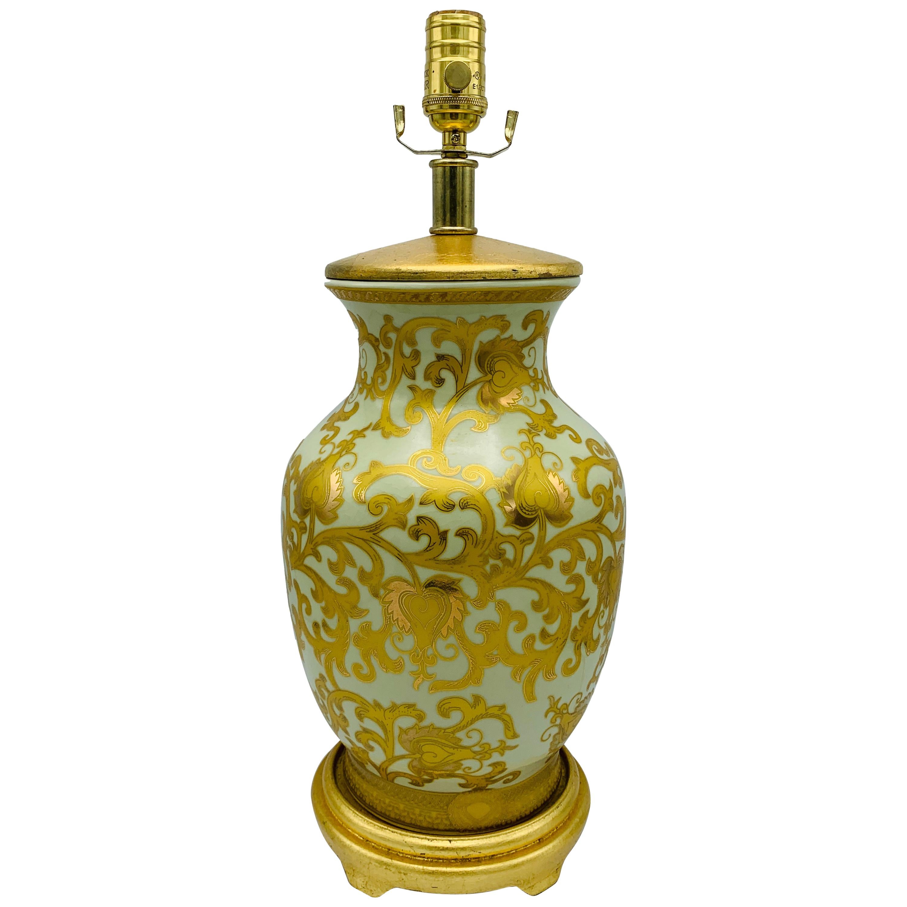 1980s Frederick Cooper Gold Damask Urn Lamp with Gilt Detailing For Sale