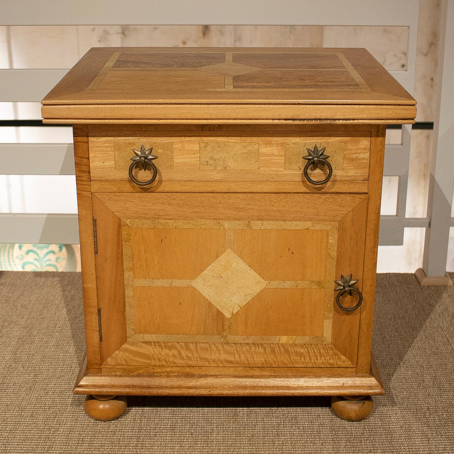 1980s French 1-drawer and 1-door side table hand crafted using two types of wood.
