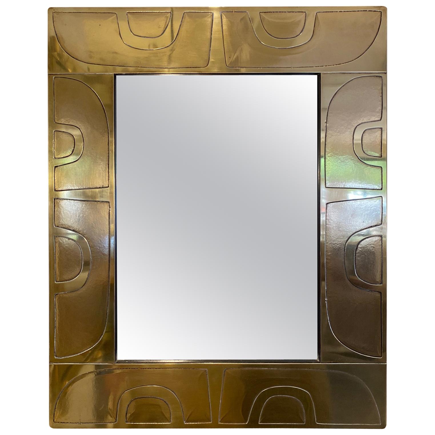 1980s French Abstract Design Brass Rectangular Mirror