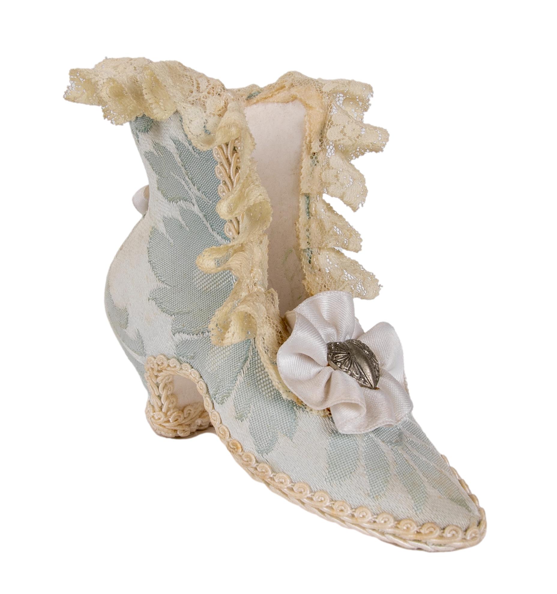 1980s French antique handmade miniature shoe made of silk and fabric
Atelier Jean Claude.