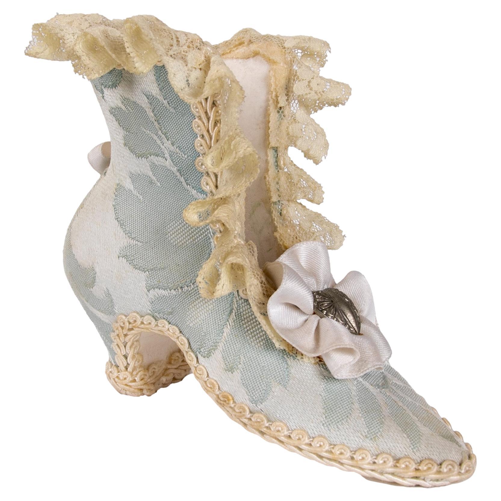 1980s French Antique Handmade Miniature Shoe Made of Silk and Fabric For Sale
