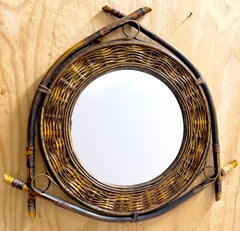 1980s French Bamboo & Woven Rattan & willow Shield Mirror