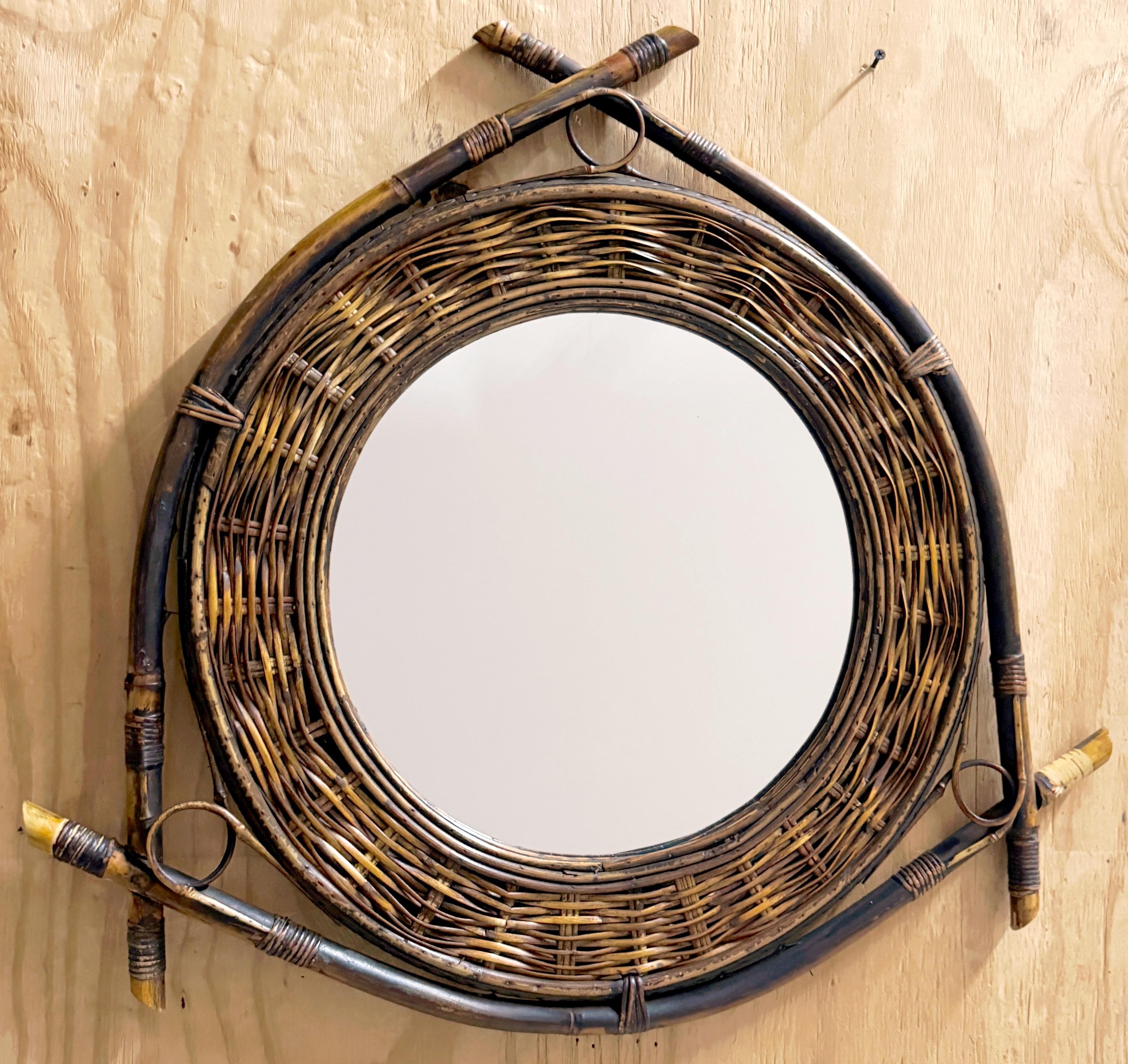 Mid-Century Modern 1980s French Bamboo & Woven Rattan & willow Shield Mirror