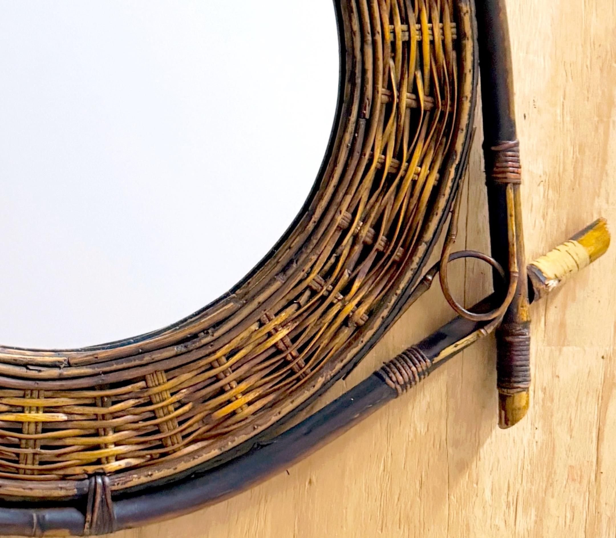 1980s French Bamboo & Woven Rattan & willow Shield Mirror In Good Condition In West Palm Beach, FL