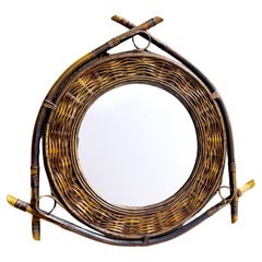 Miroir bouclier français des années 1980 en bambou, rotin tressé et saule