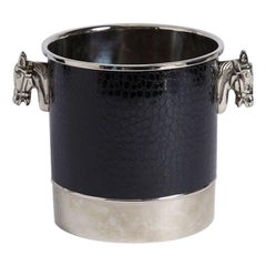 1980s French Black Faux Croc Ice Bucket Silver Plated Horse Head Handles