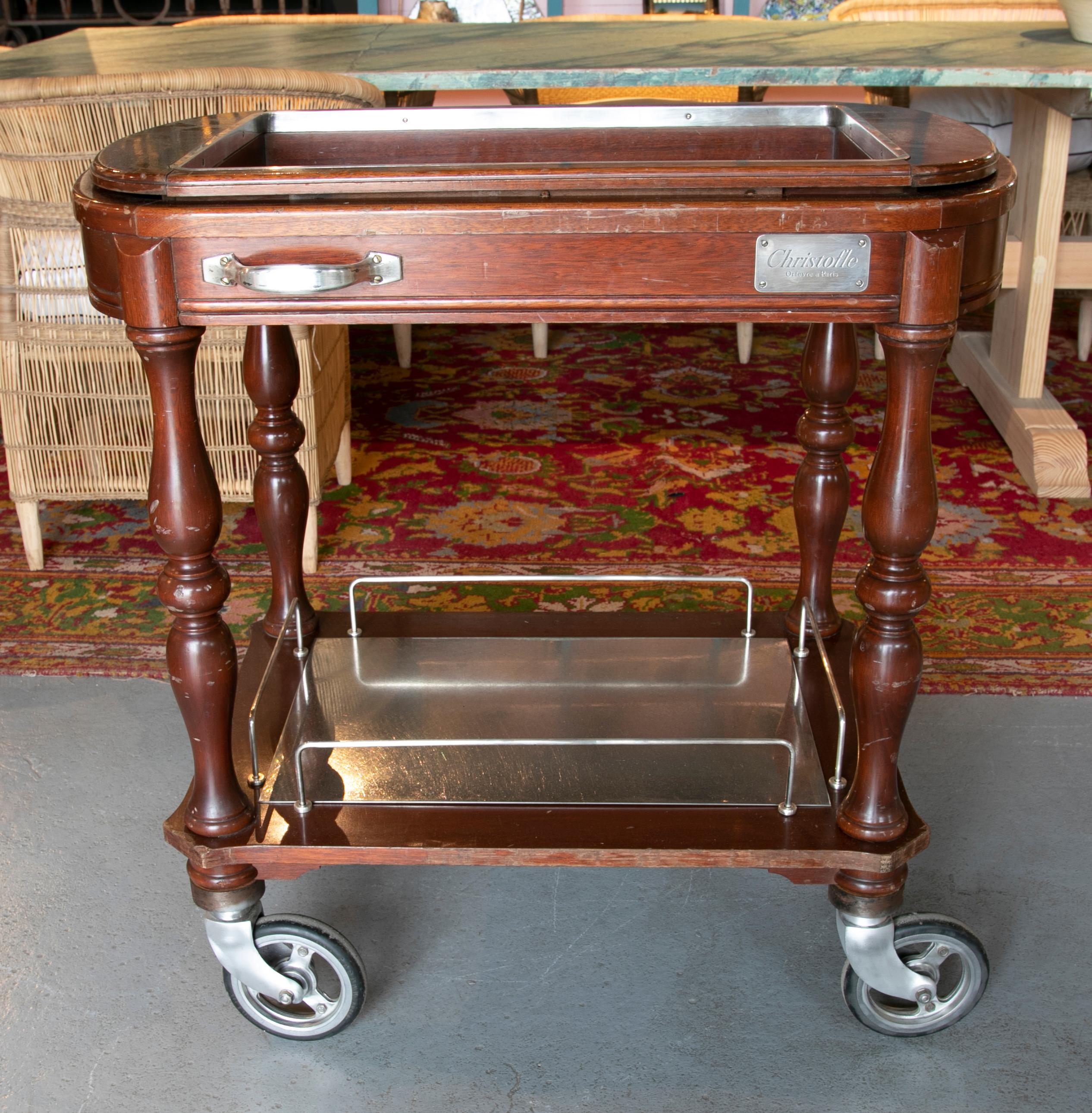 1980s French Christofle Paris wood and aluminium food trolley.