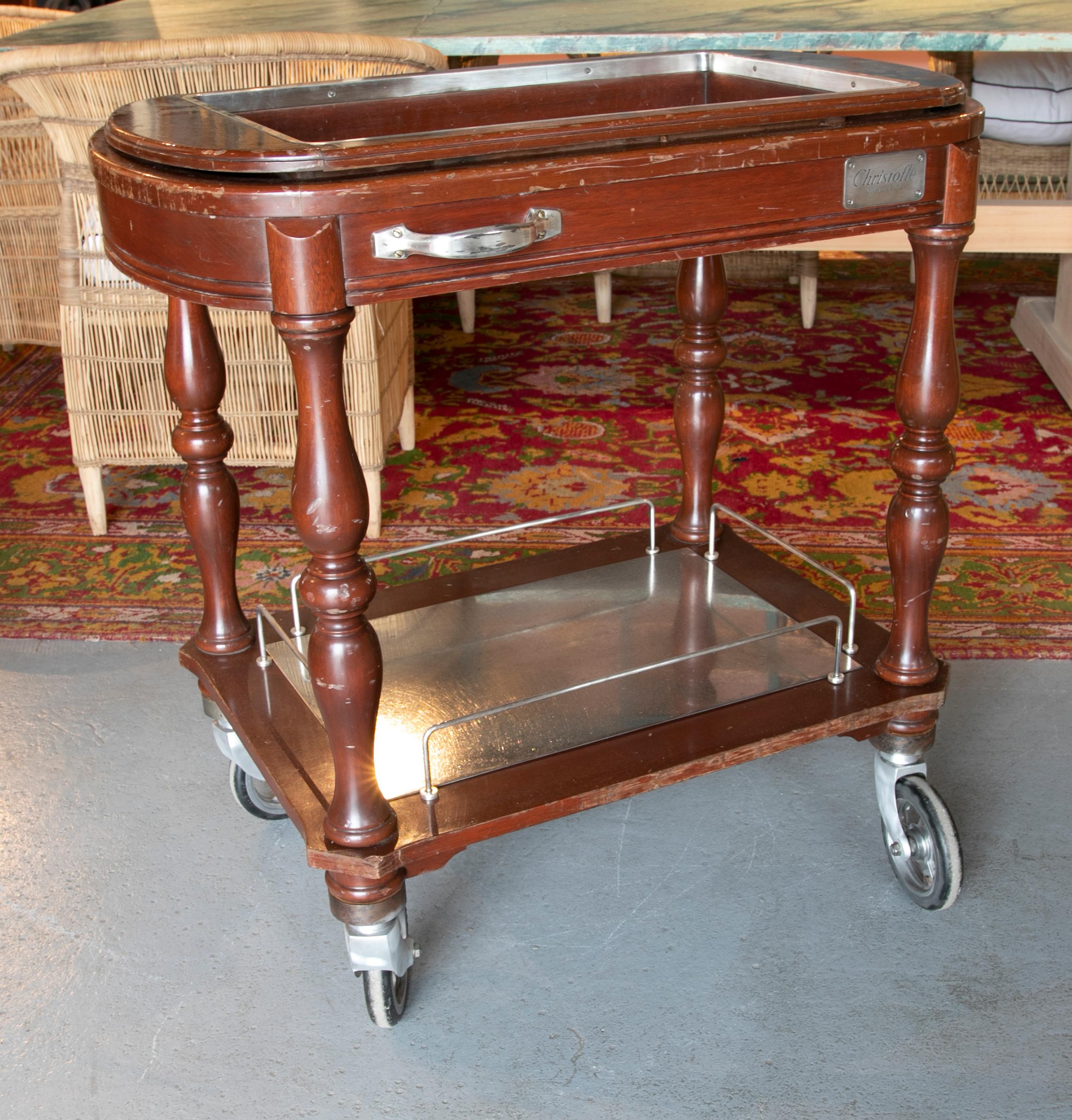 1980s French Christofle Paris Wood & Aluminium Food Trolley In Good Condition In Marbella, ES