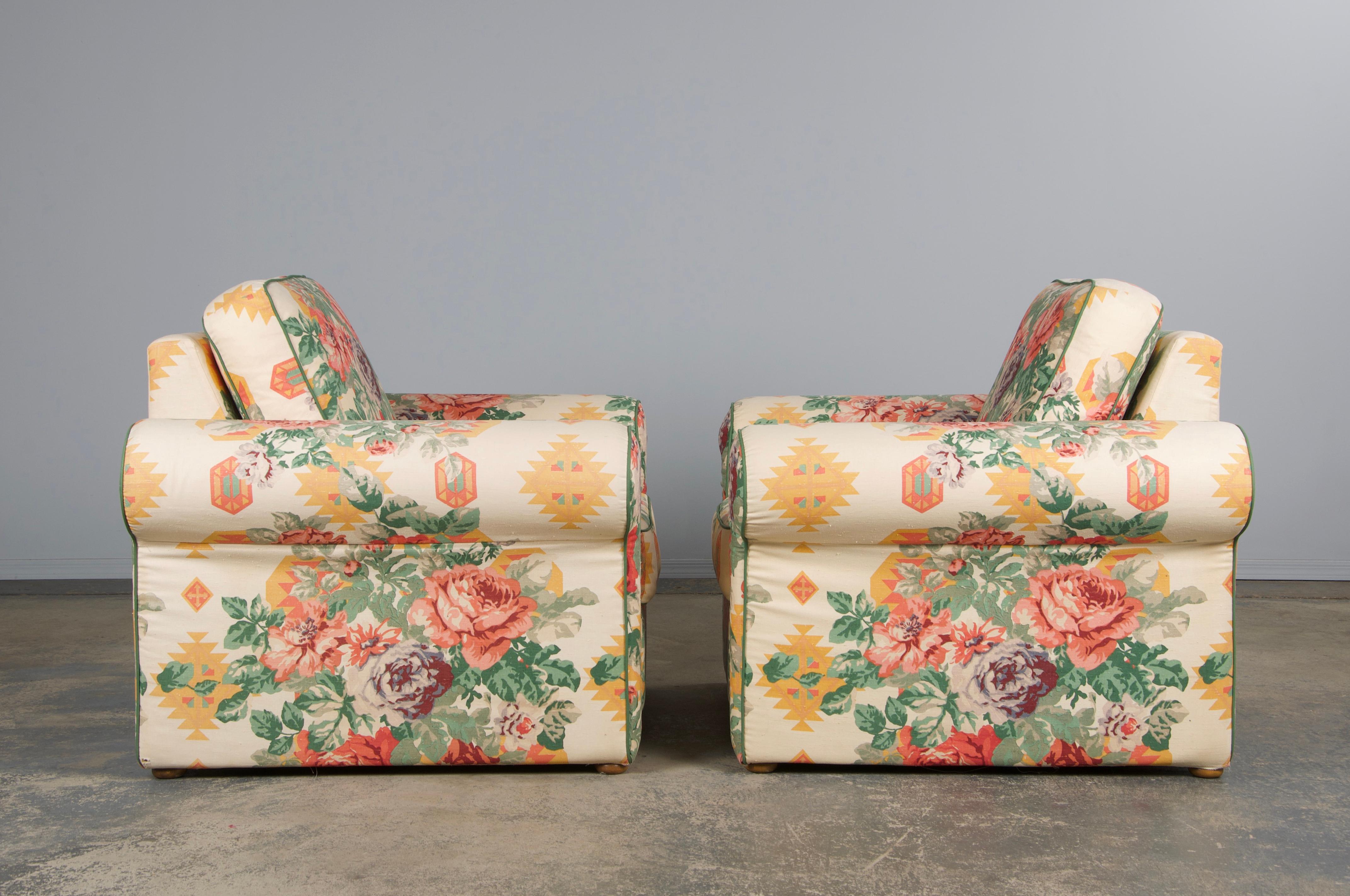1980s French Club Chairs W/ Floral Fabric - A Pair For Sale 3