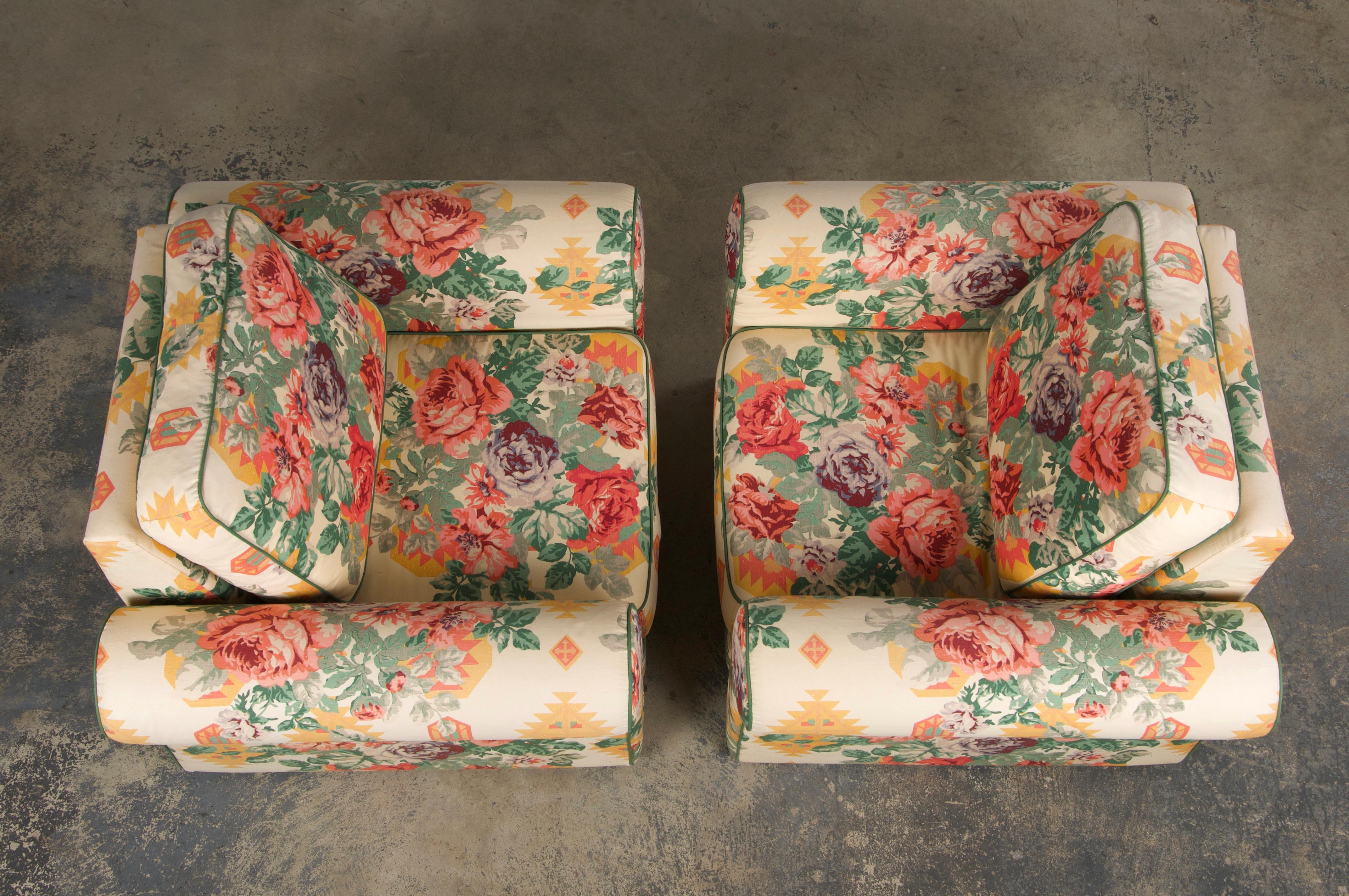 1980s French Club Chairs W/ Floral Fabric - A Pair For Sale 5