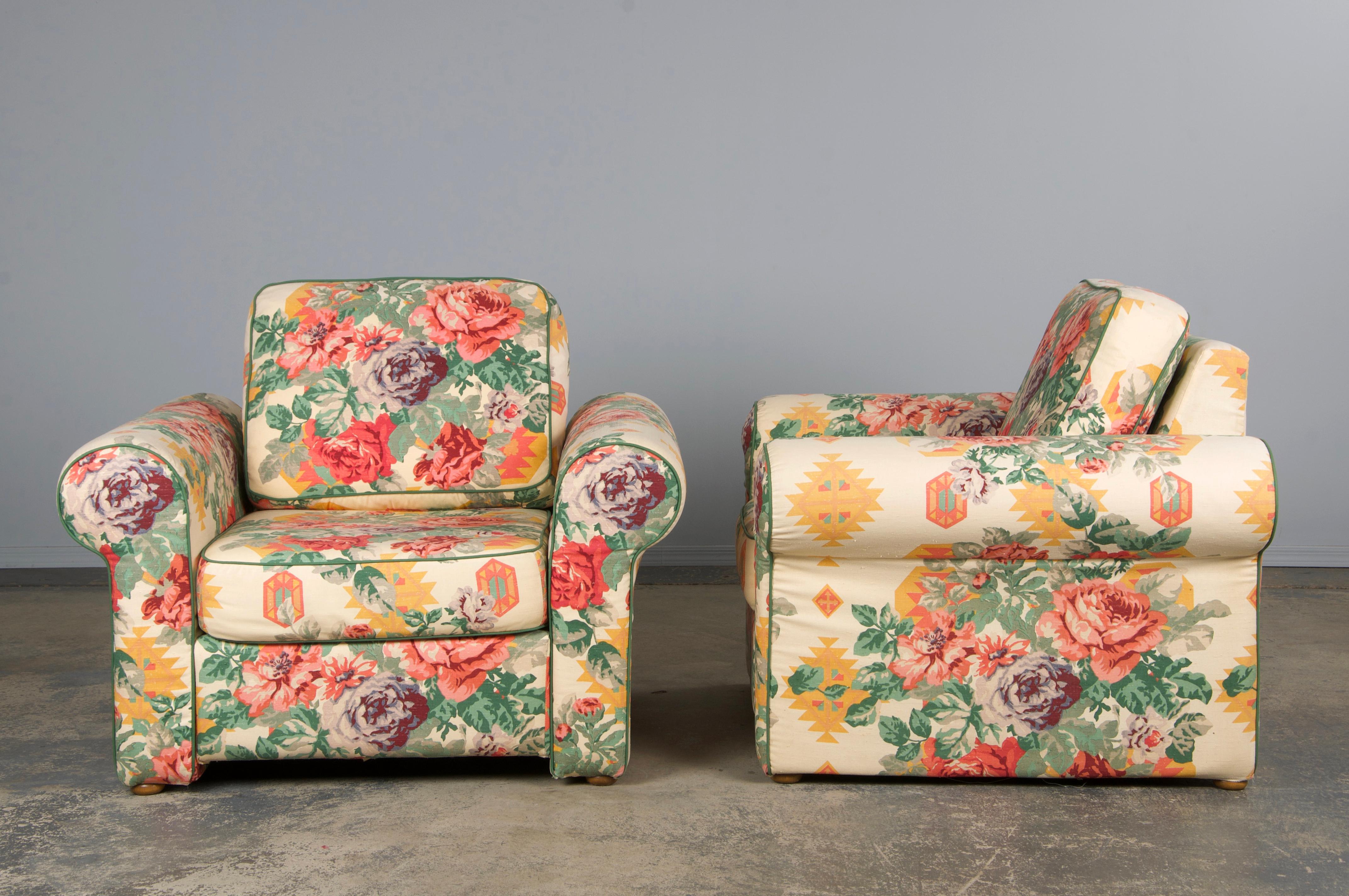 1980s French Club Chairs W/ Floral Fabric - A Pair For Sale 8