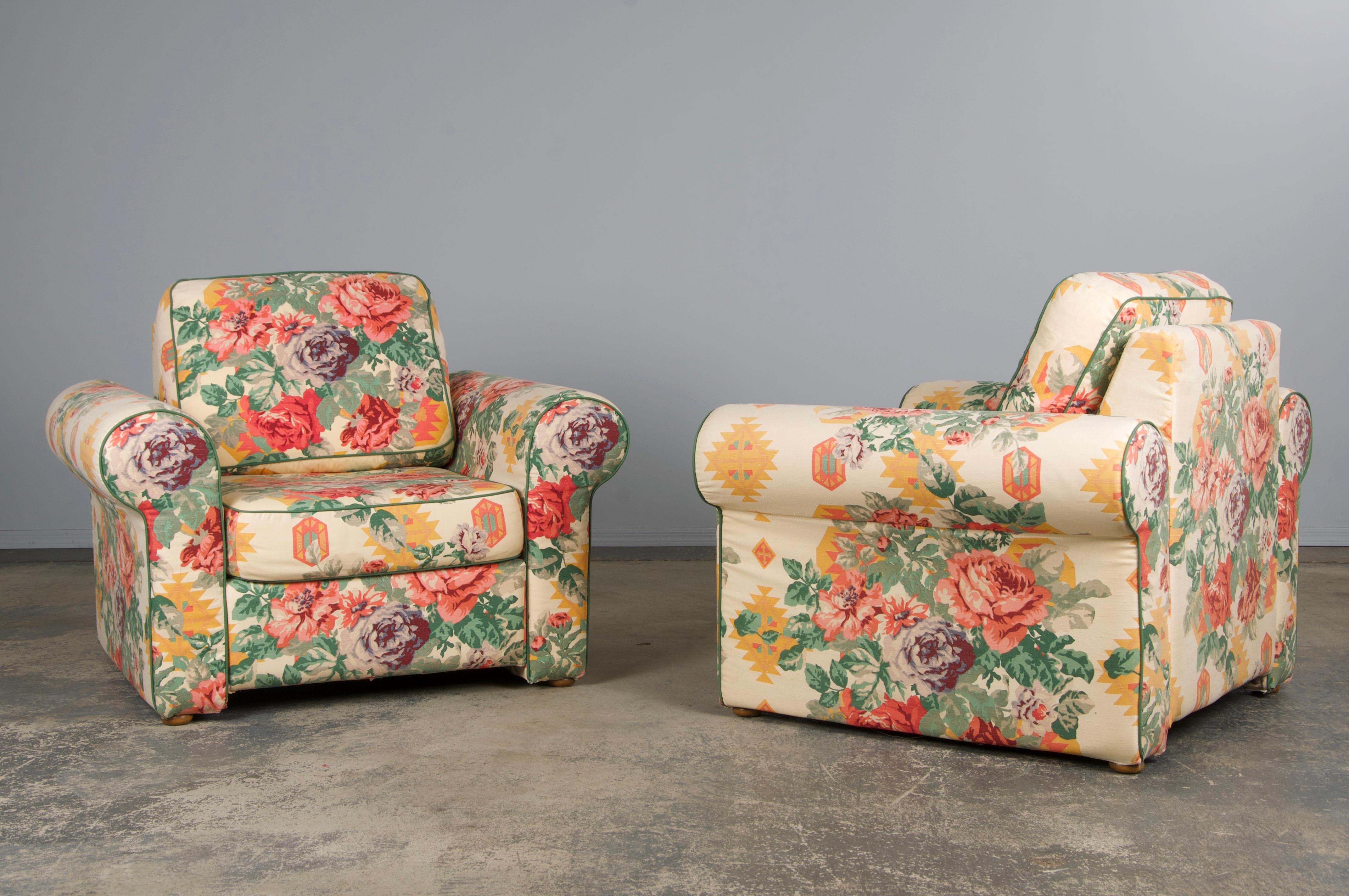 1980s French Club Chairs W/ Floral Fabric - A Pair For Sale 9