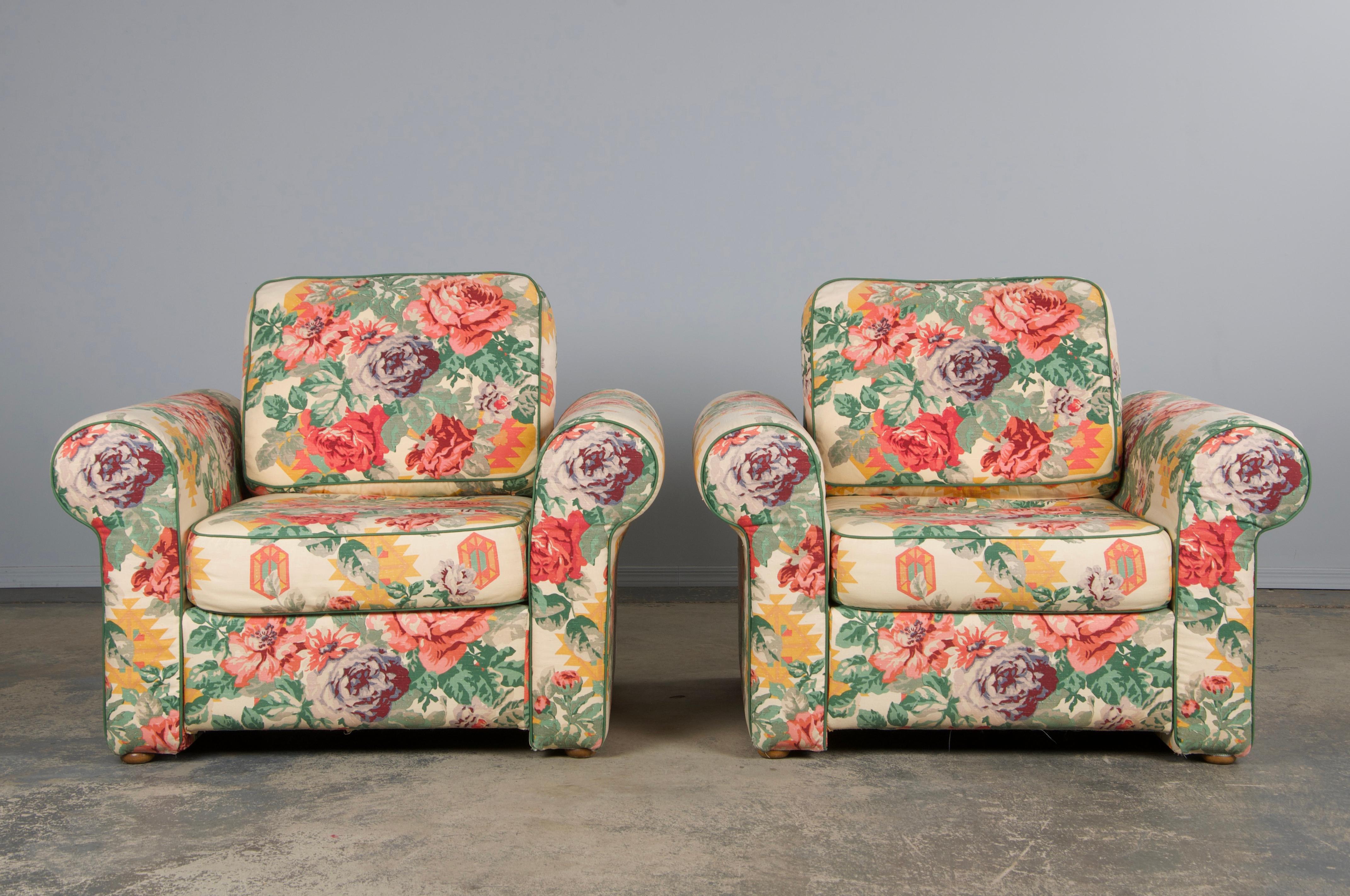 A stylish pair of 1980s French club chairs, sourced from Provence, France. Expertly handcrafted from solid wood, they showcase a bold off-square profile with clean lines, elegant curves, and generously padded scroll arms. Structurally revised for