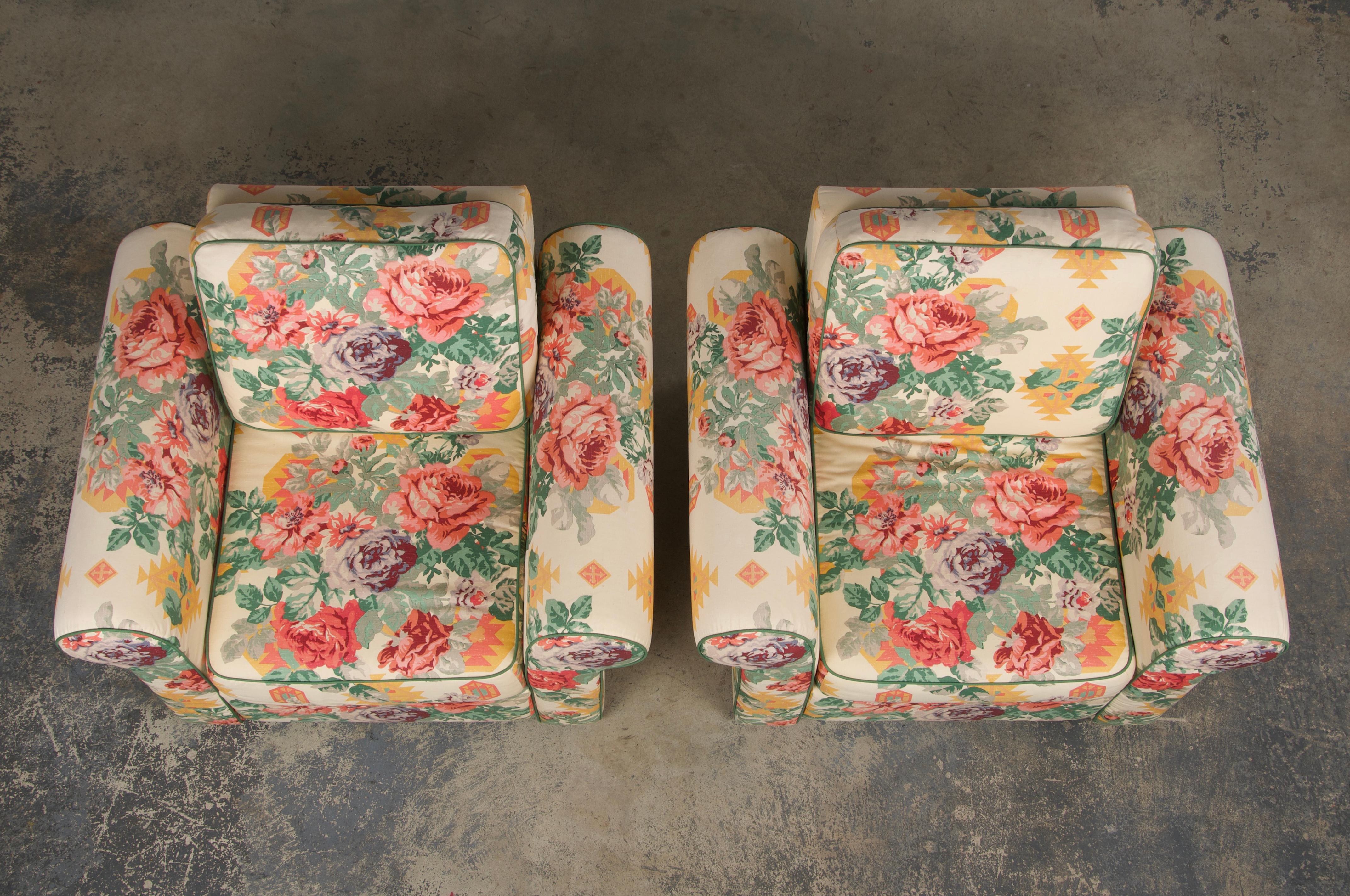 Country 1980s French Club Chairs W/ Floral Fabric - A Pair For Sale