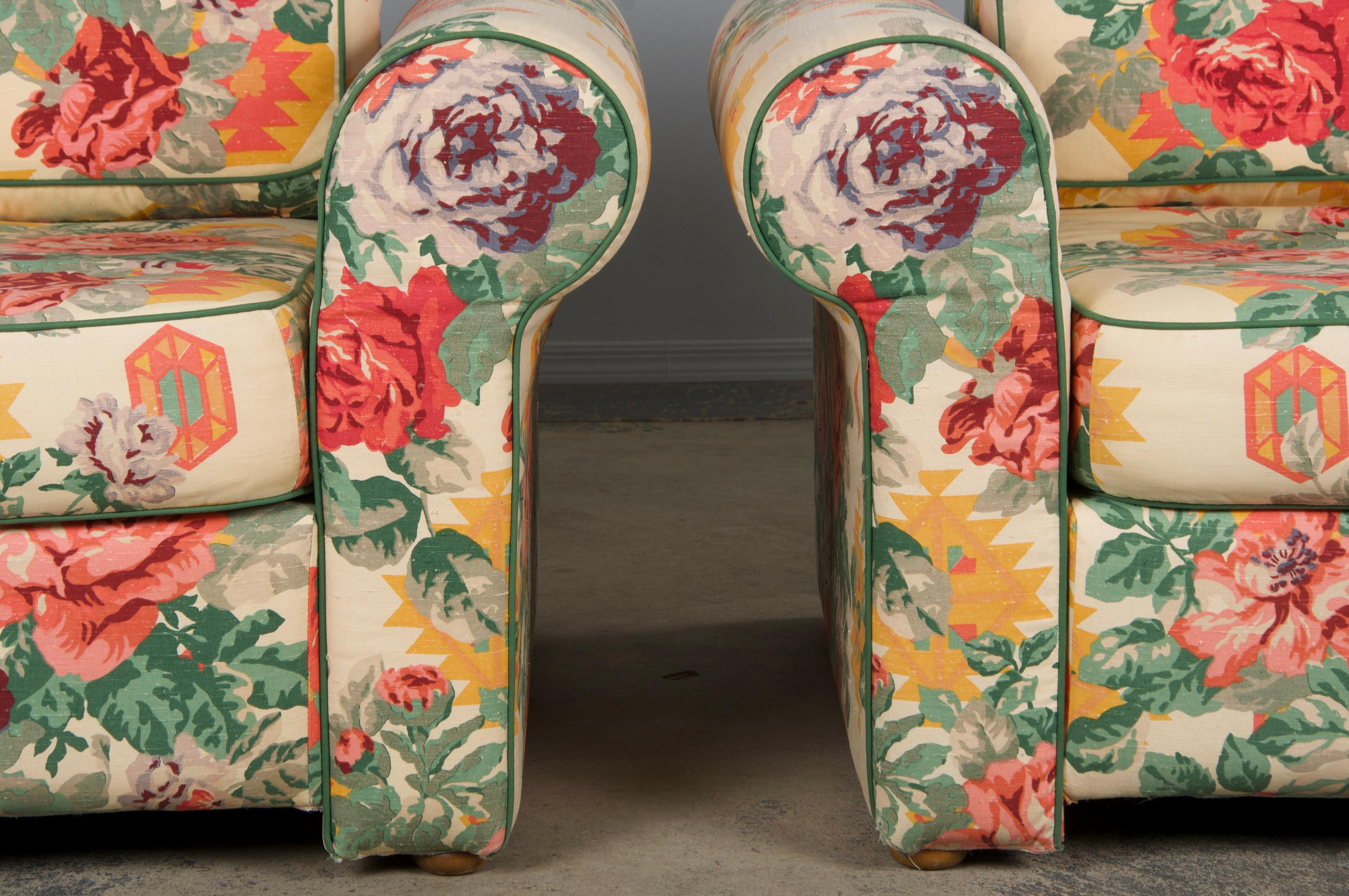 Hand-Crafted 1980s French Club Chairs W/ Floral Fabric - A Pair For Sale