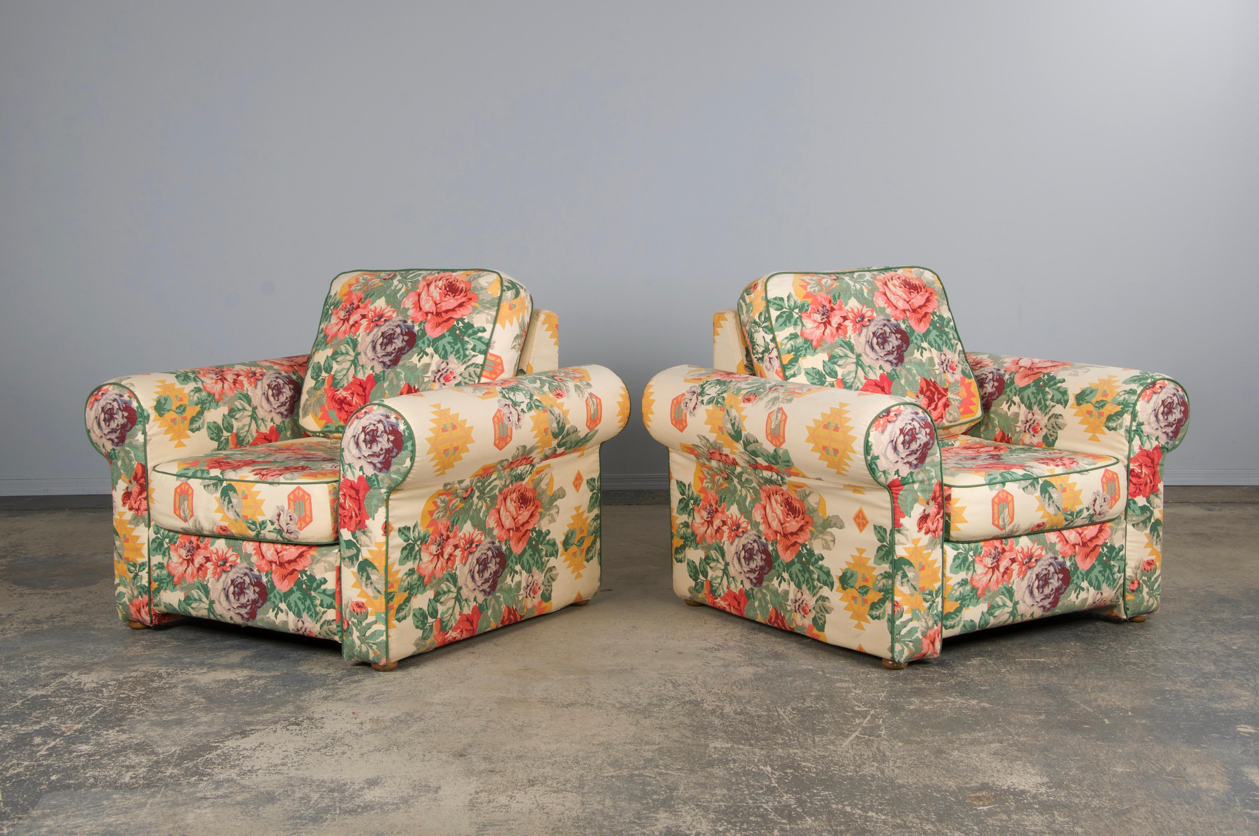 1980s French Club Chairs W/ Floral Fabric - A Pair In Good Condition For Sale In Astoria, NY