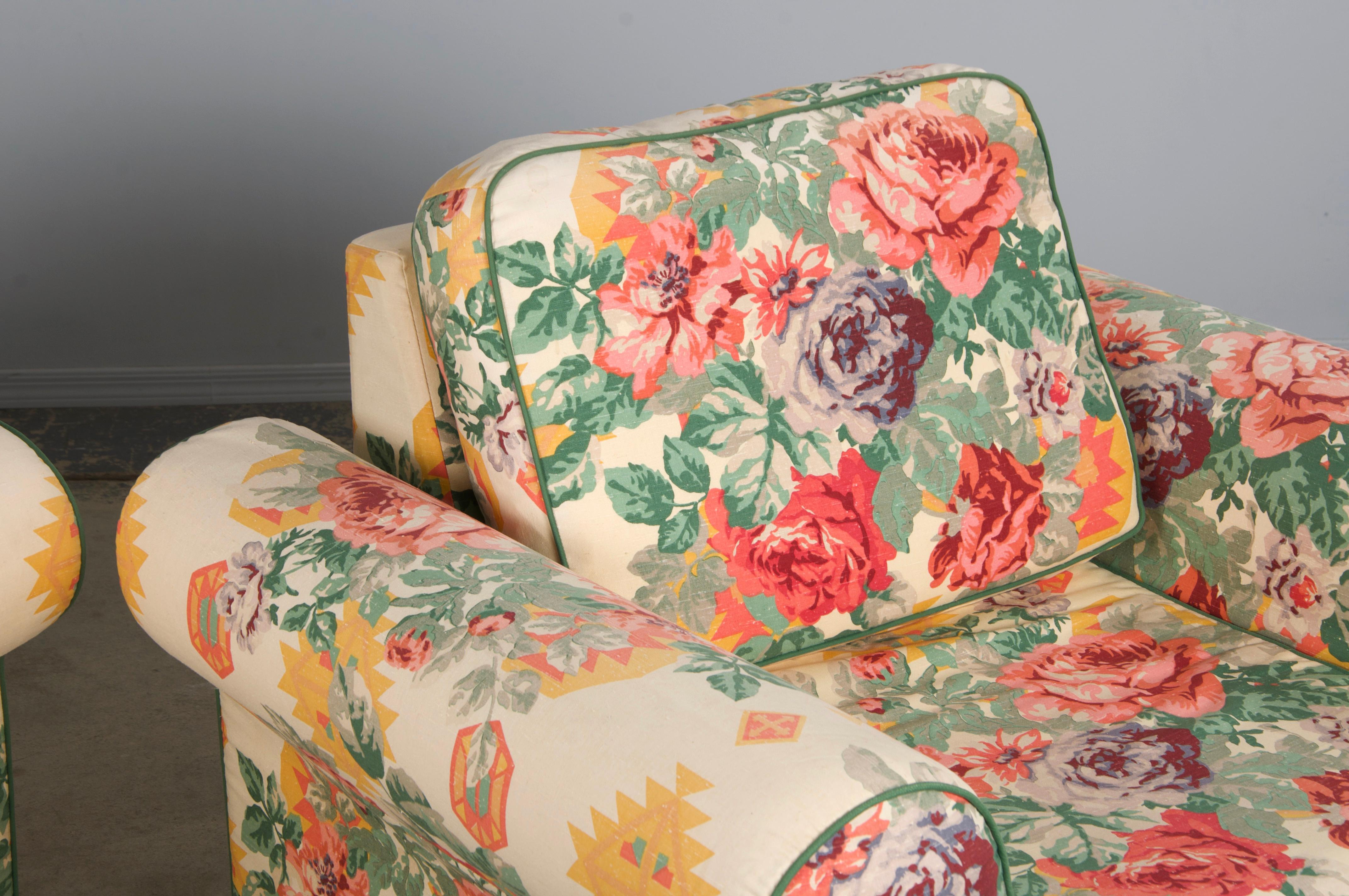 20th Century 1980s French Club Chairs W/ Floral Fabric - A Pair For Sale