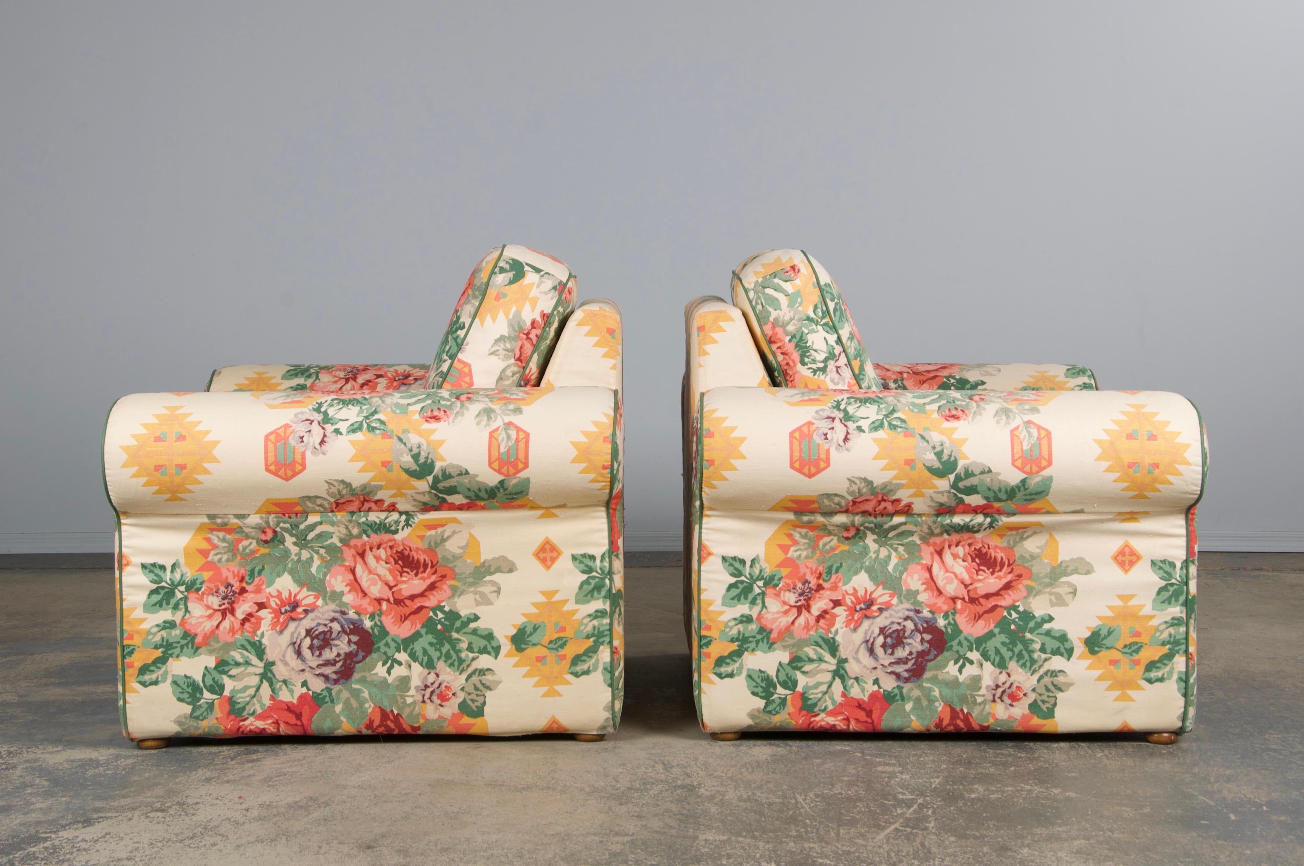 Cotton 1980s French Club Chairs W/ Floral Fabric - A Pair For Sale
