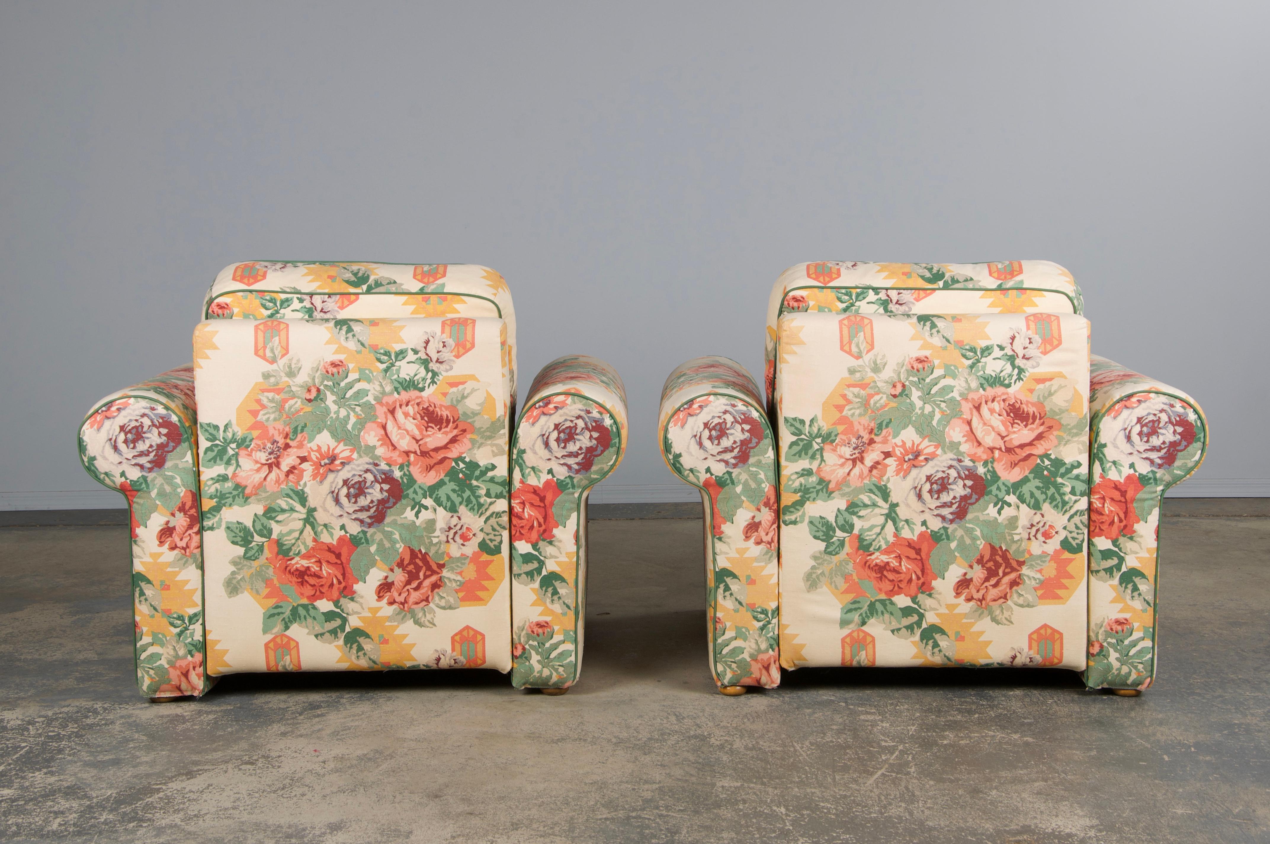 1980s French Club Chairs W/ Floral Fabric - A Pair For Sale 1