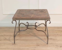 1980s French Coffee Table with Old Wind Rose Parquet Top and Wrought Iron Base