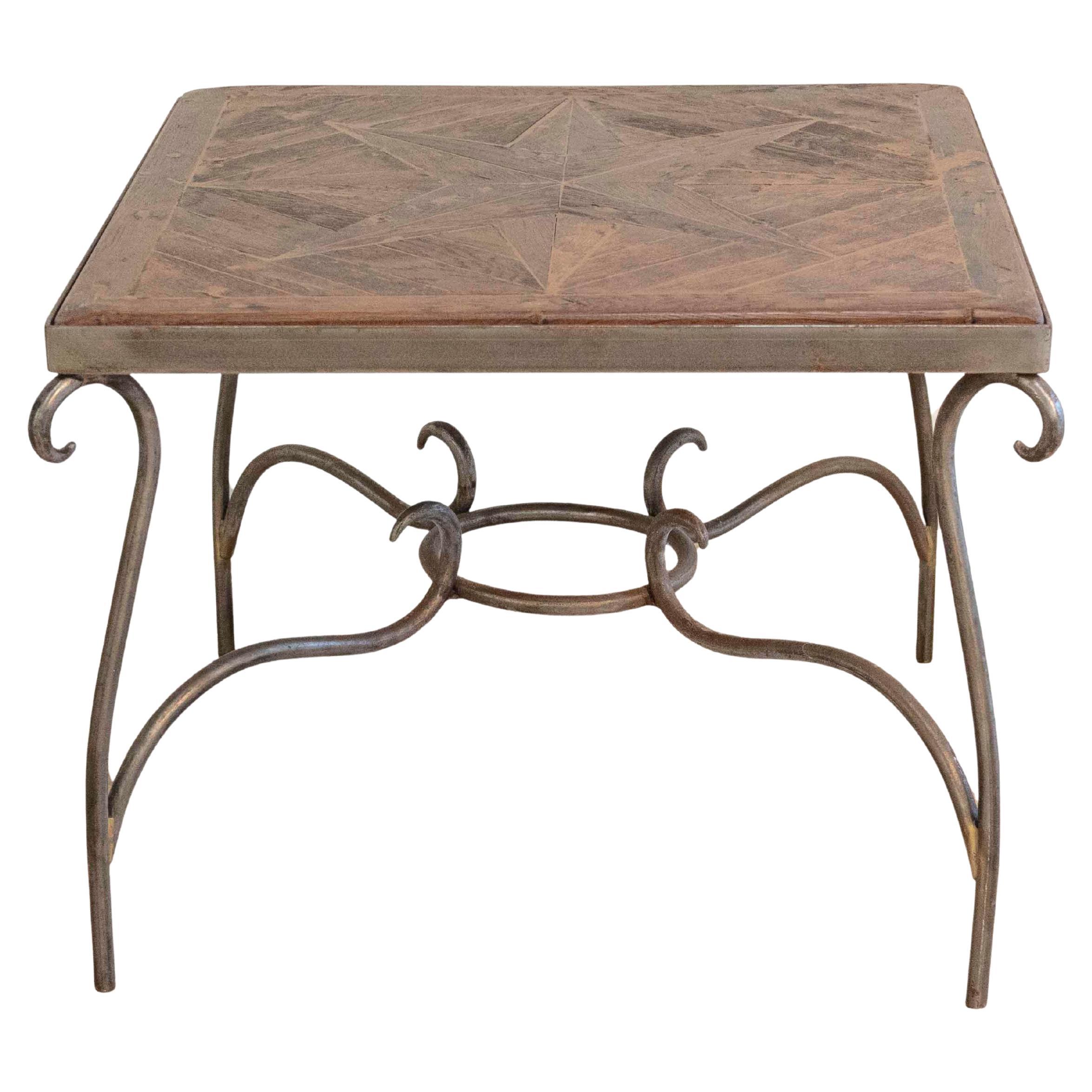1980s French Coffee Table with Old Wind Rose Parquet Top and Wrought Iron Base For Sale